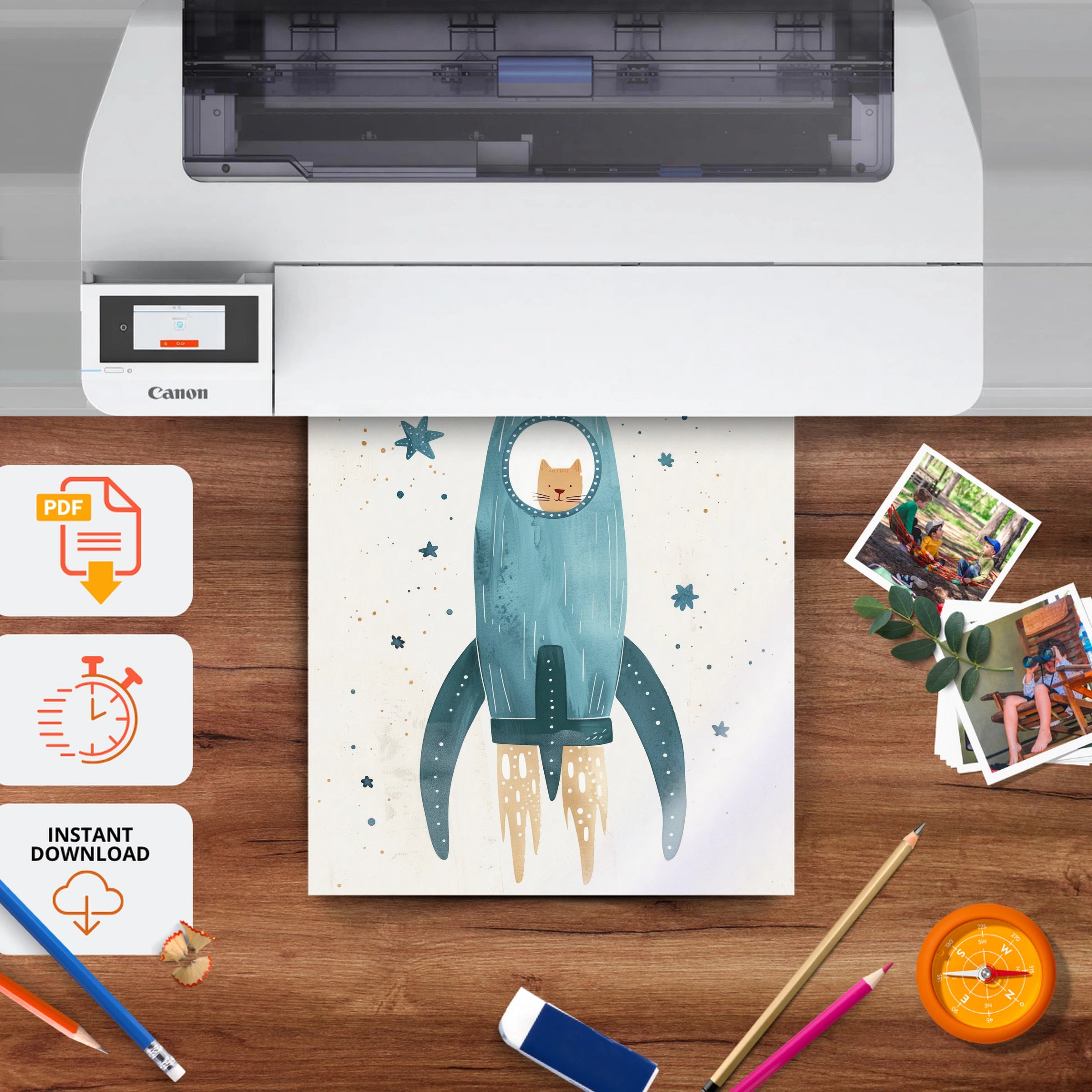 Cat Rocket Nursery Print - printable nursery wall art, instant download to print at home