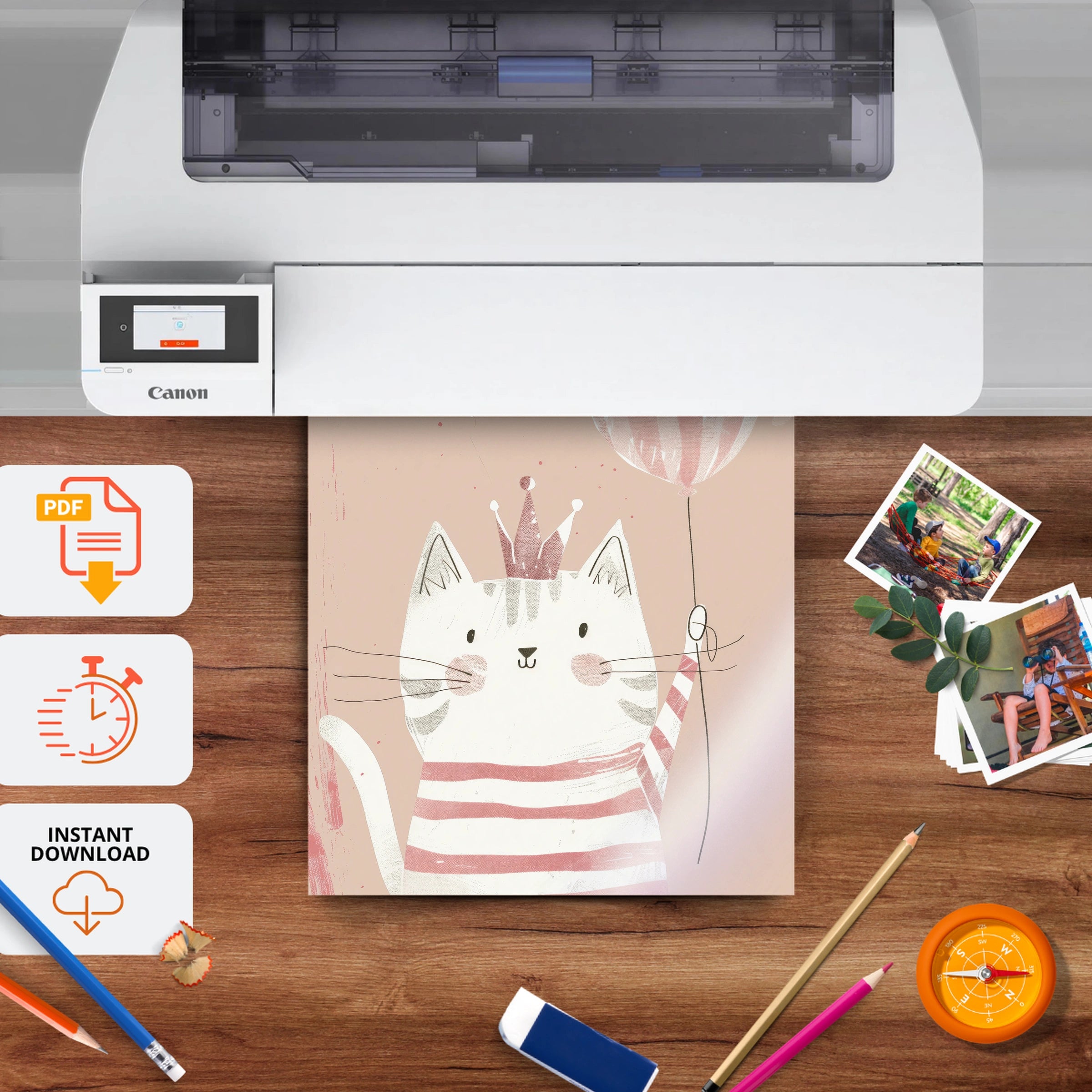Cat with a Balloon Nursery Print - printable nursery wall art, instant download to print at home