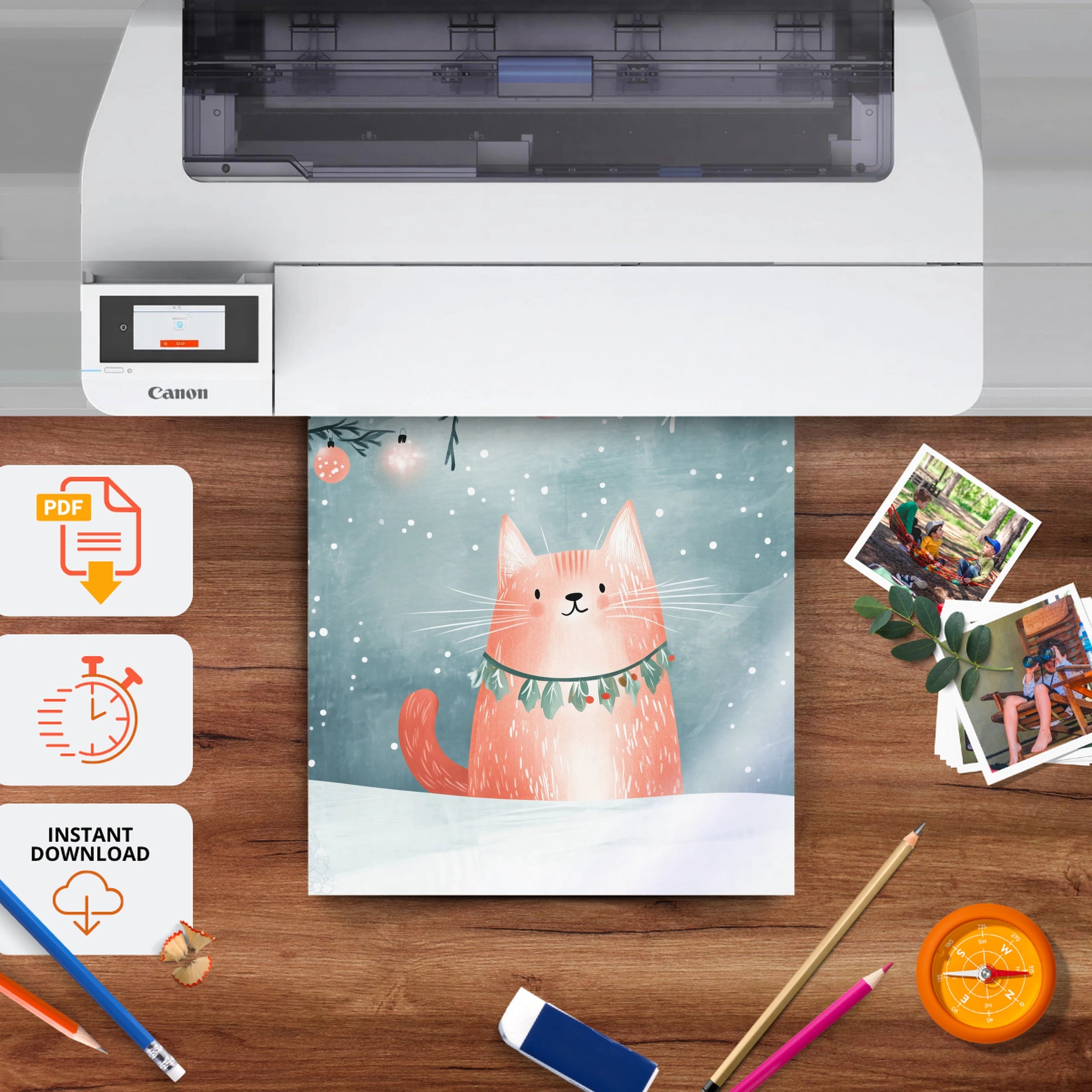 Cat with a Garland Christmas Print - printable nursery wall art, instant download to print at home