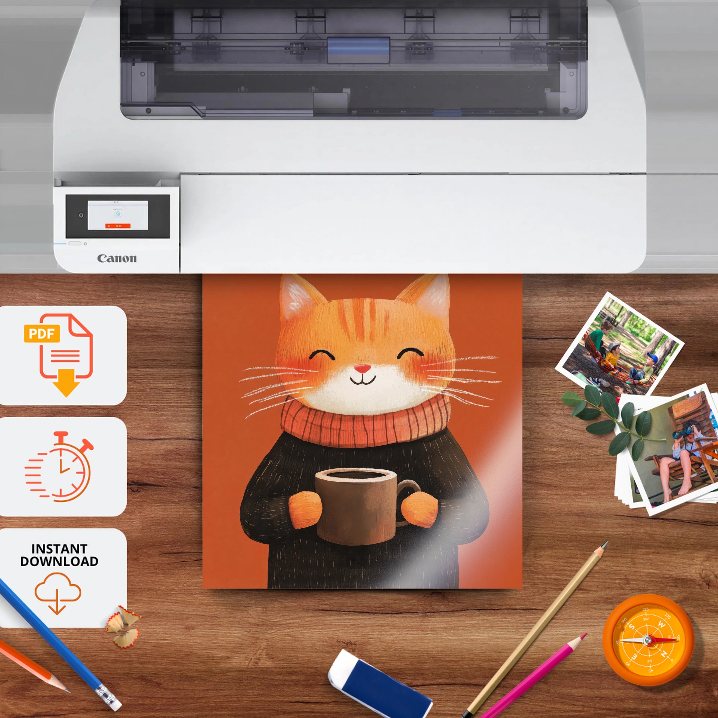 Cat with Cocoa Christmas Print - printable nursery wall art, instant download to print at home