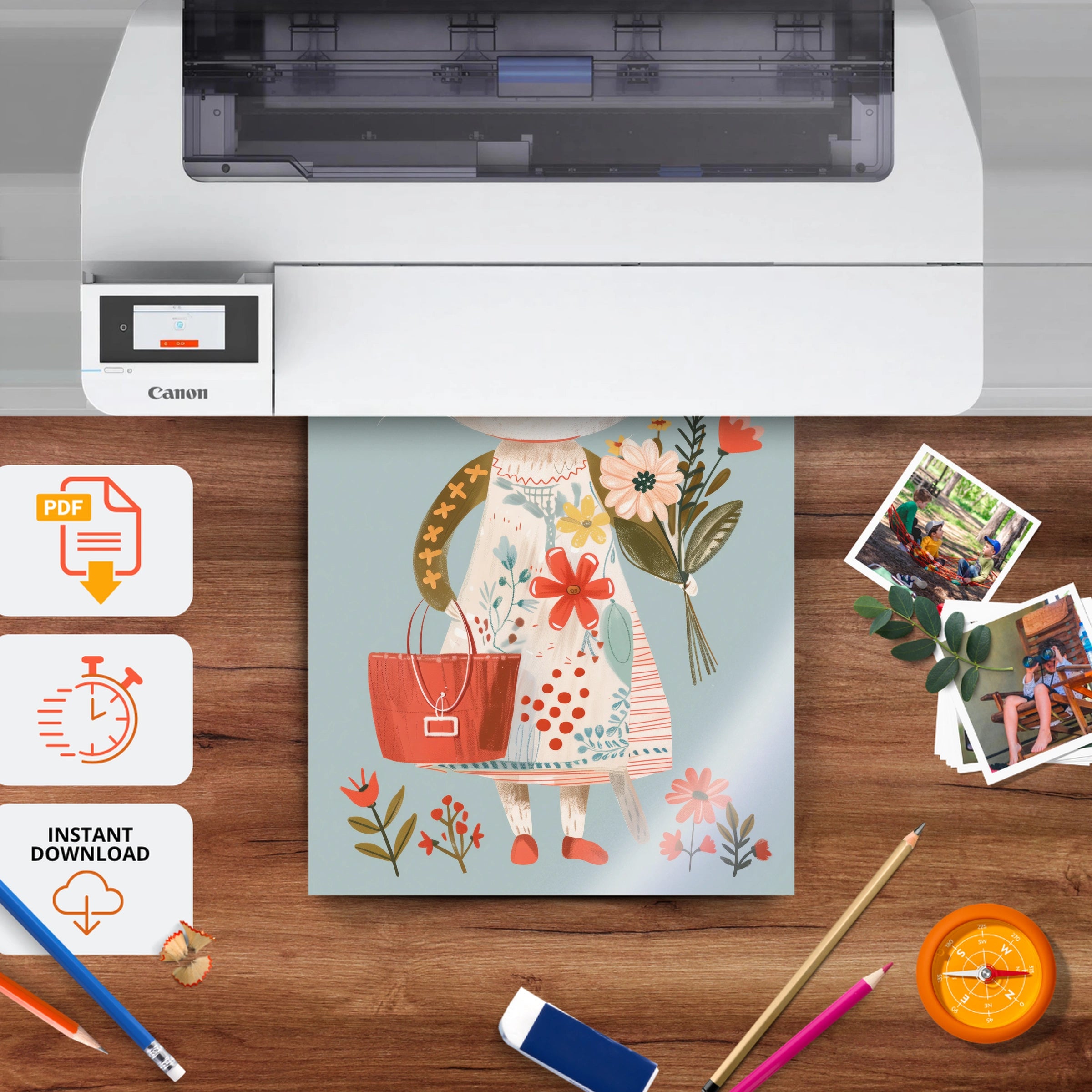 Cat with Flowers Nursery Print - printable nursery wall art, instant download to print at home