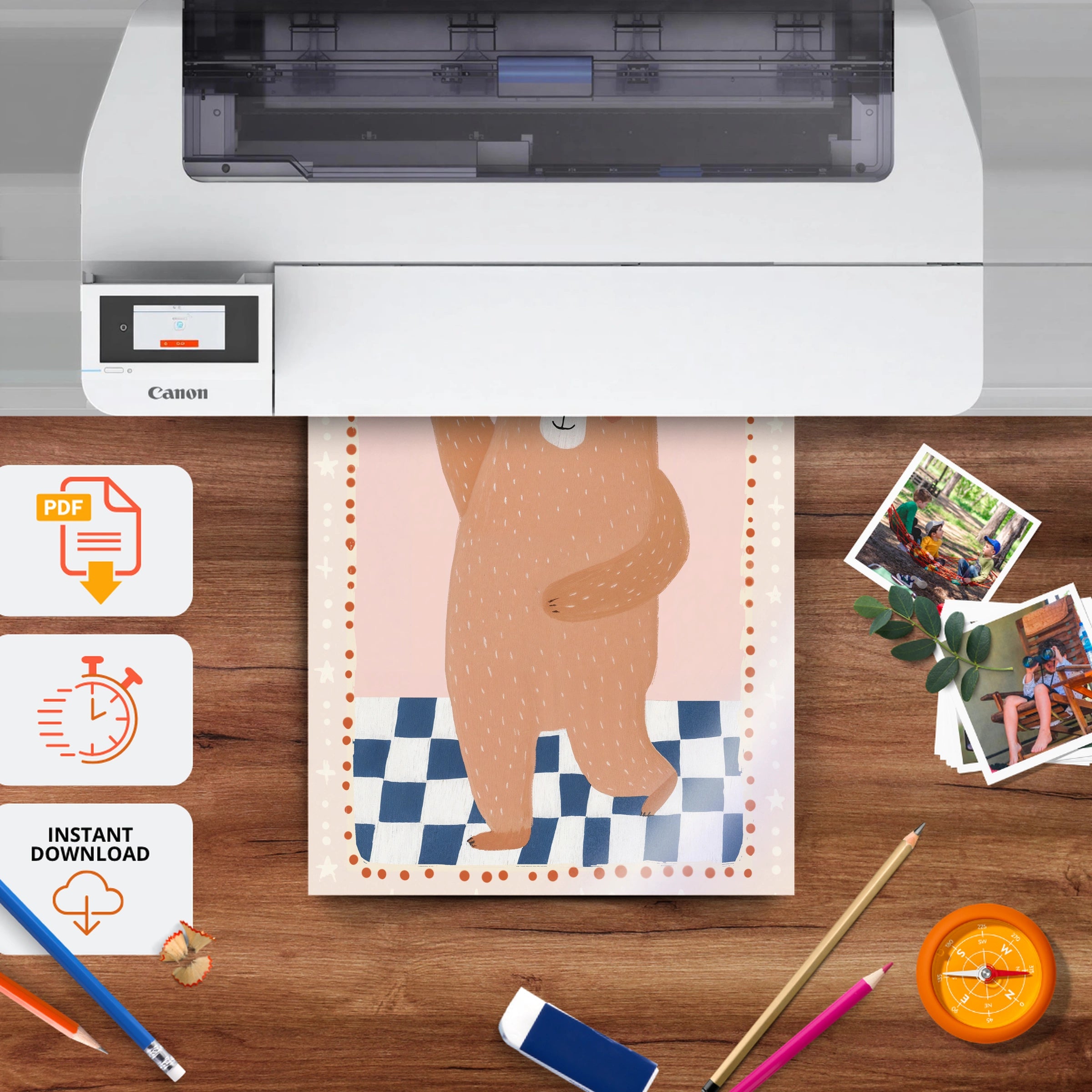 Checkerboard Bear Nursery Print - printable nursery wall art, instant download to print at home