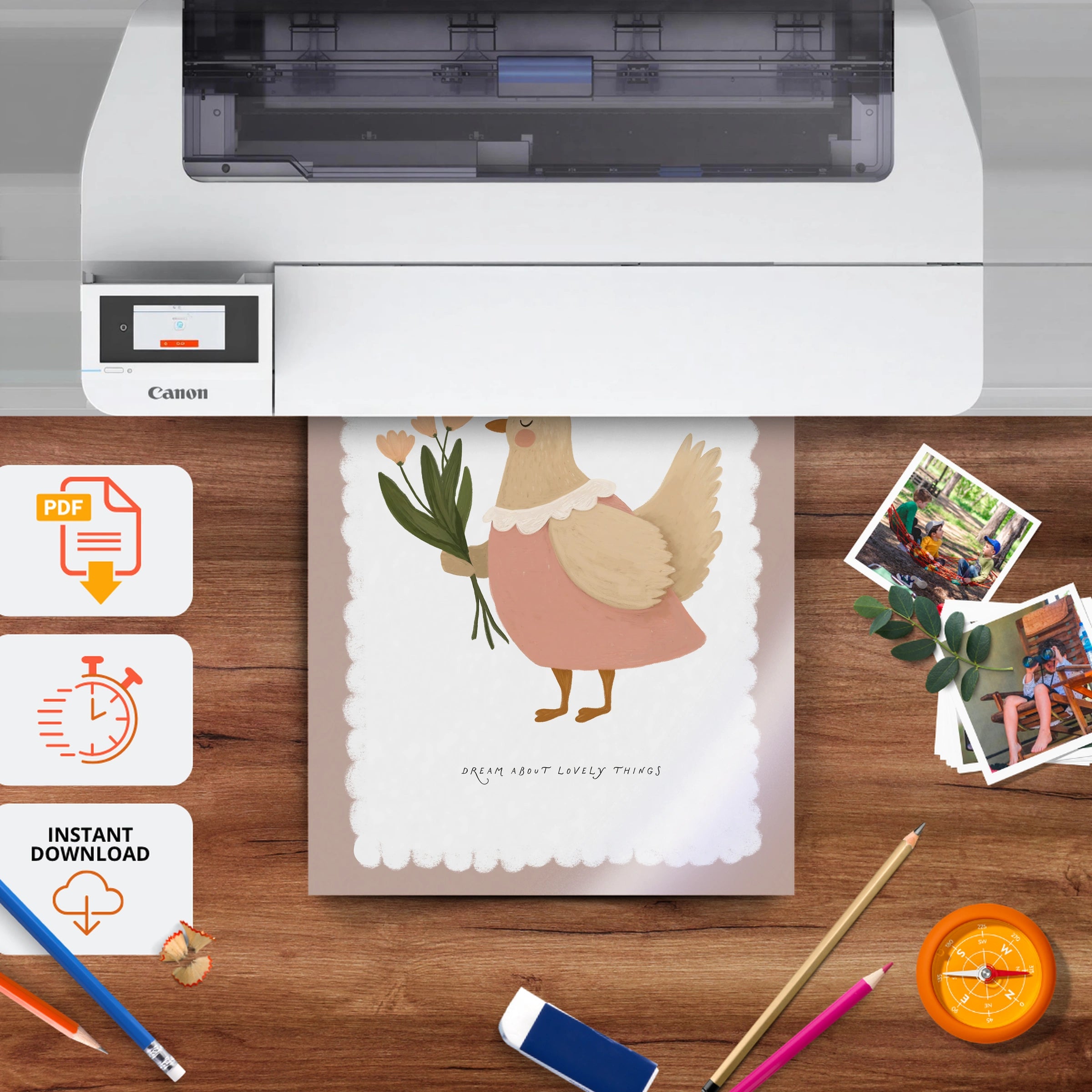Chicken with a Flower Nursery Print - printable nursery wall art, instant download to print at home