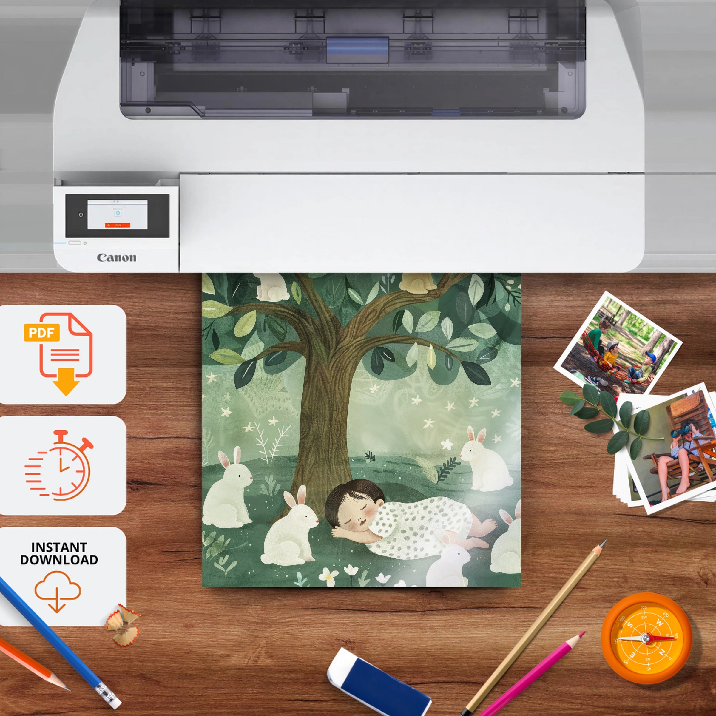 Child Sleeping with Bunnies Nursery Print - printable nursery wall art, instant download to print at home