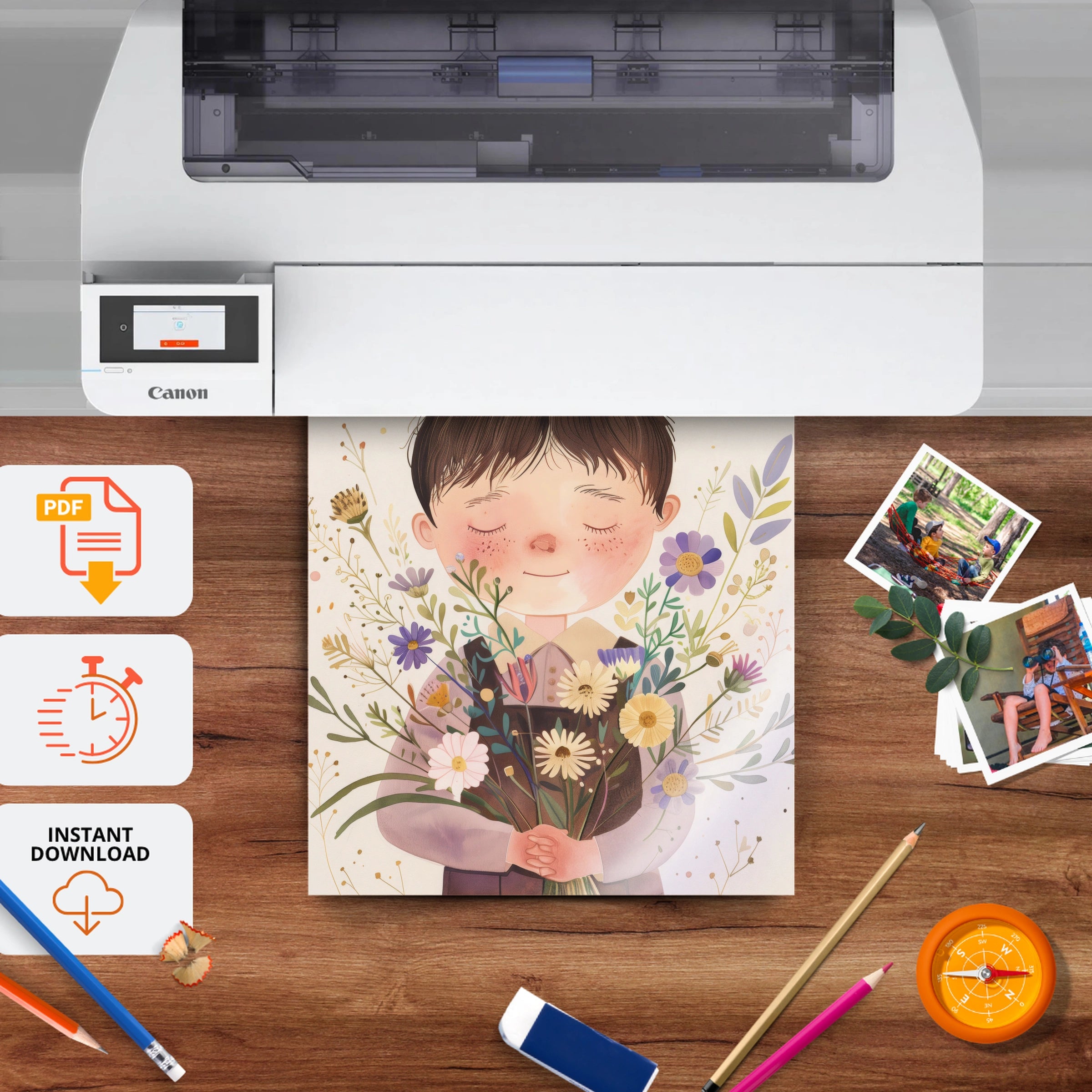 Child with Flowers Nursery Print - printable nursery wall art, instant download to print at home