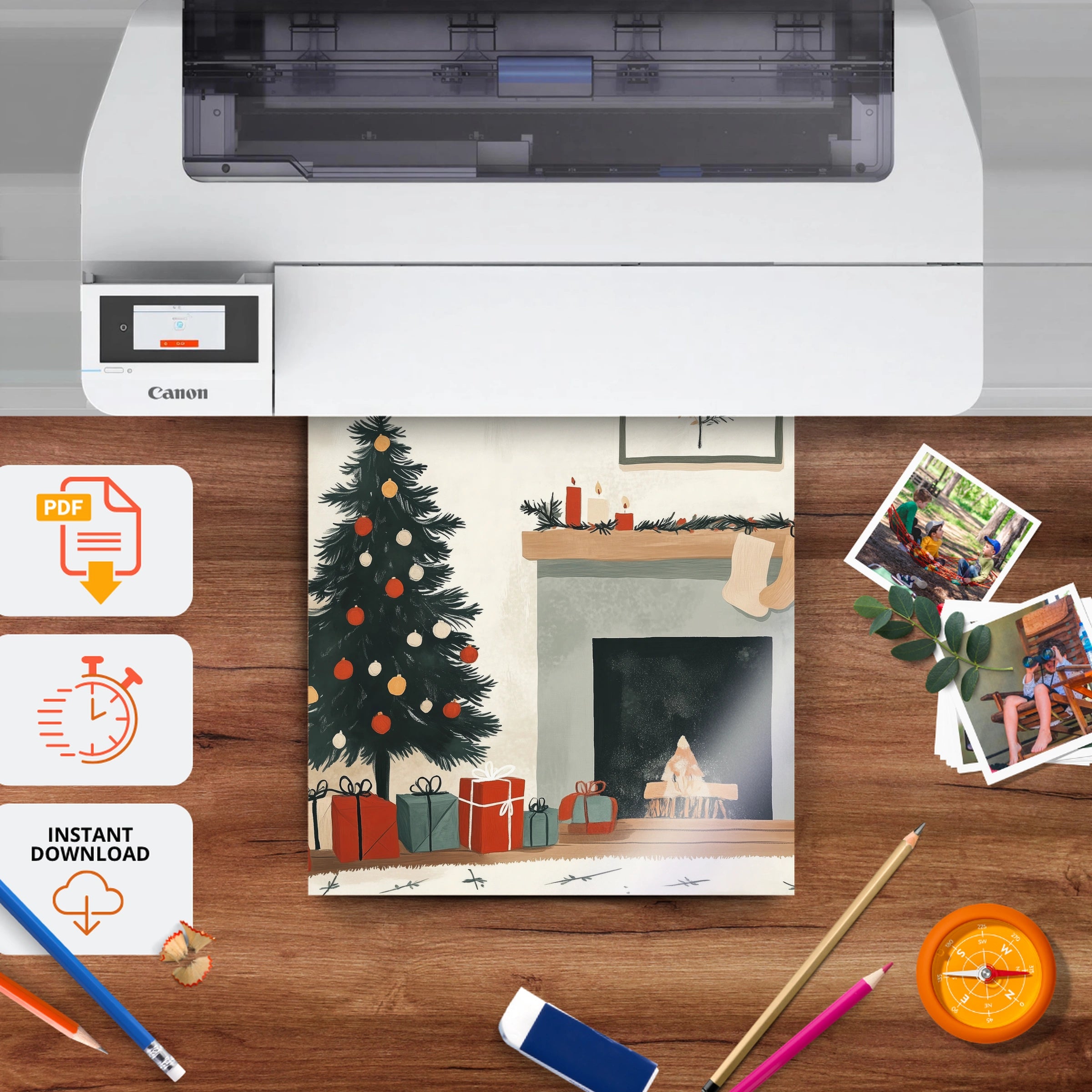 Christmas Tree and Fireplace Print - printable nursery wall art, instant download to print at home