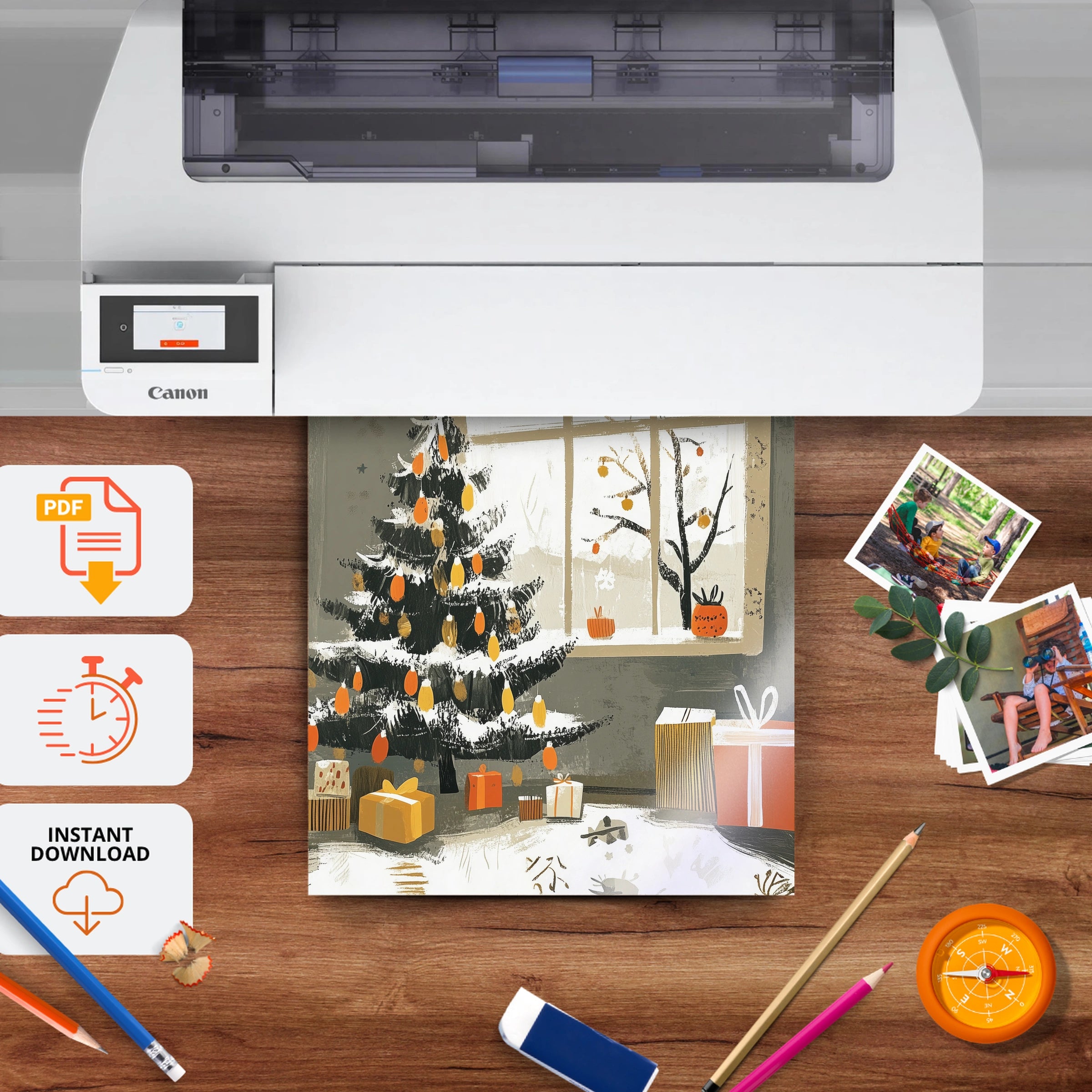Christmas Tree by the Window Christmas Print - printable nursery wall art, instant download to print at home