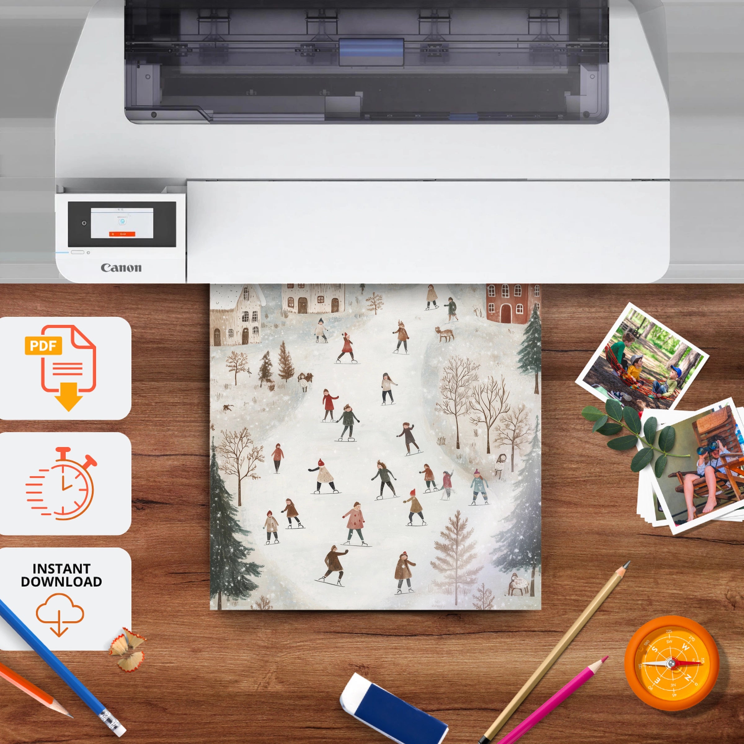Christmas Village Skaters Two Print - printable nursery wall art, instant download to print at home