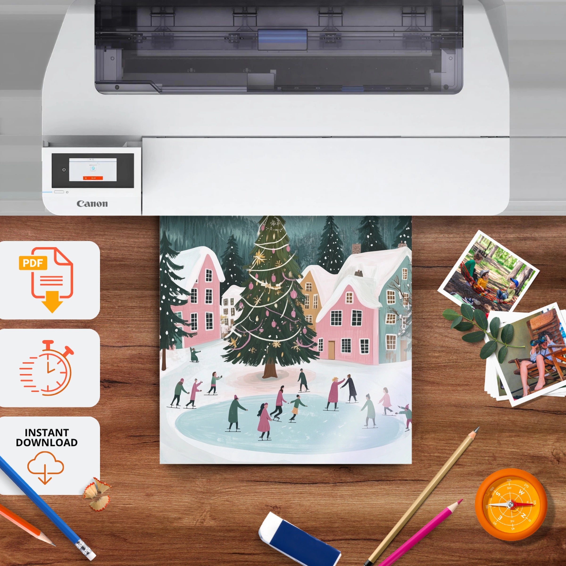 Christmas Village Skating Print - printable nursery wall art, instant download to print at home
