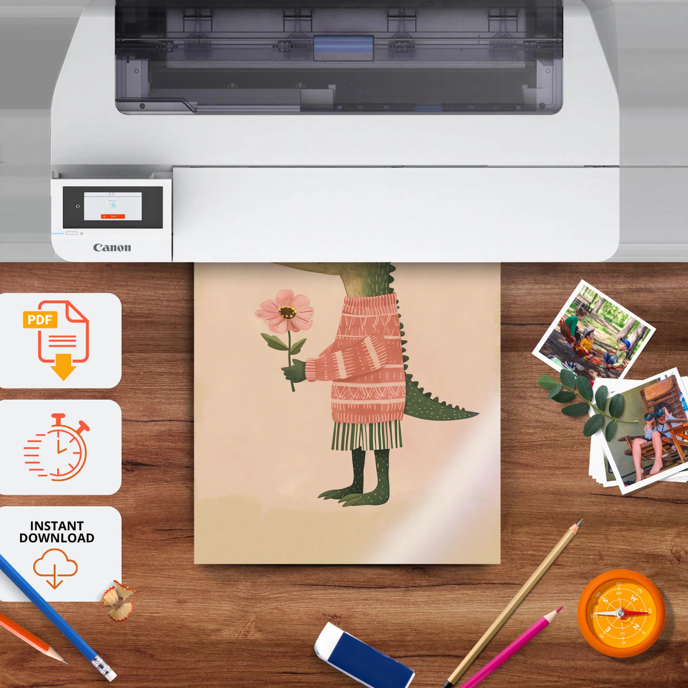Crocodile with a Flower Nursery Print - printable nursery wall art, instant download to print at home