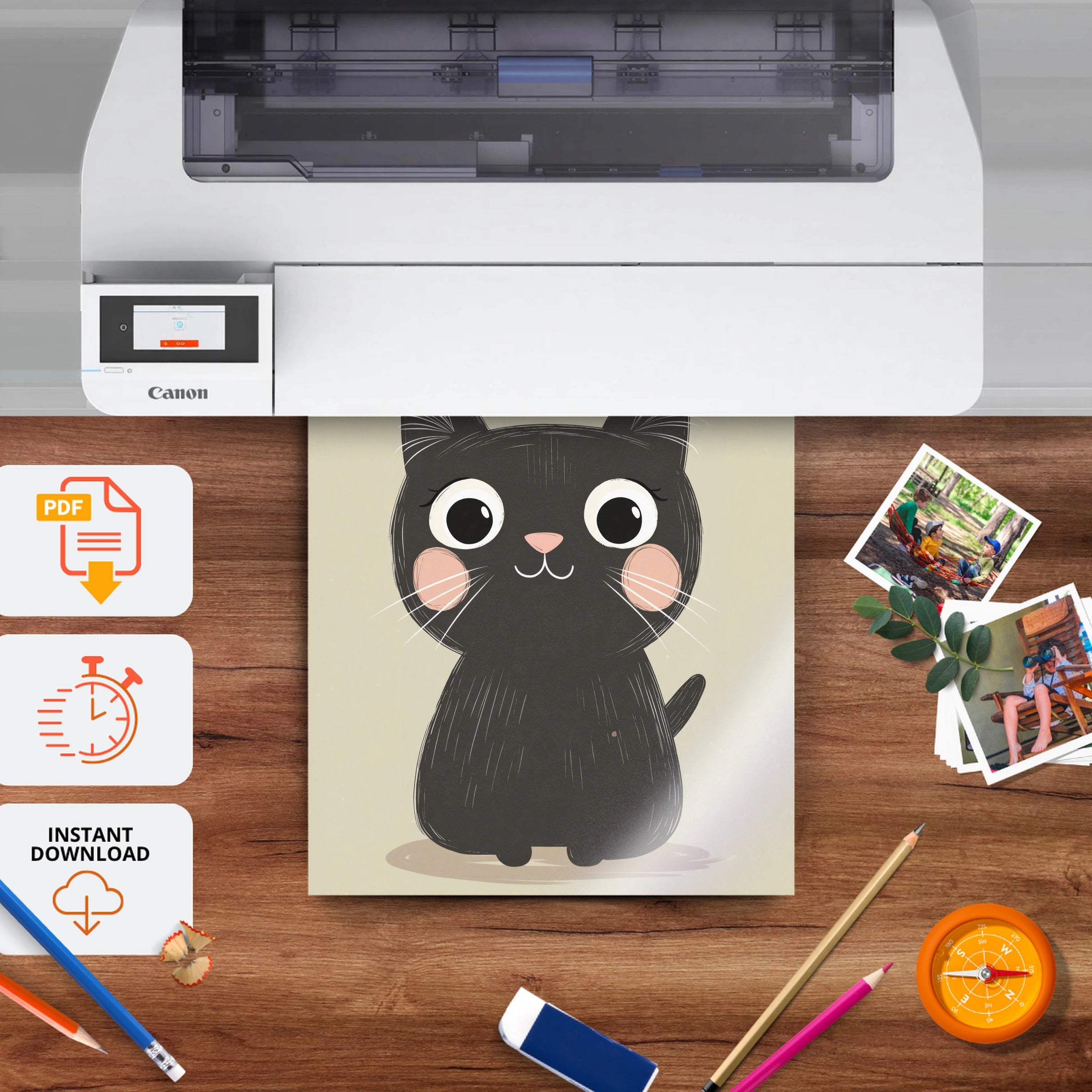 Curious Black Cat Nursery Print - printable nursery wall art, instant download to print at home