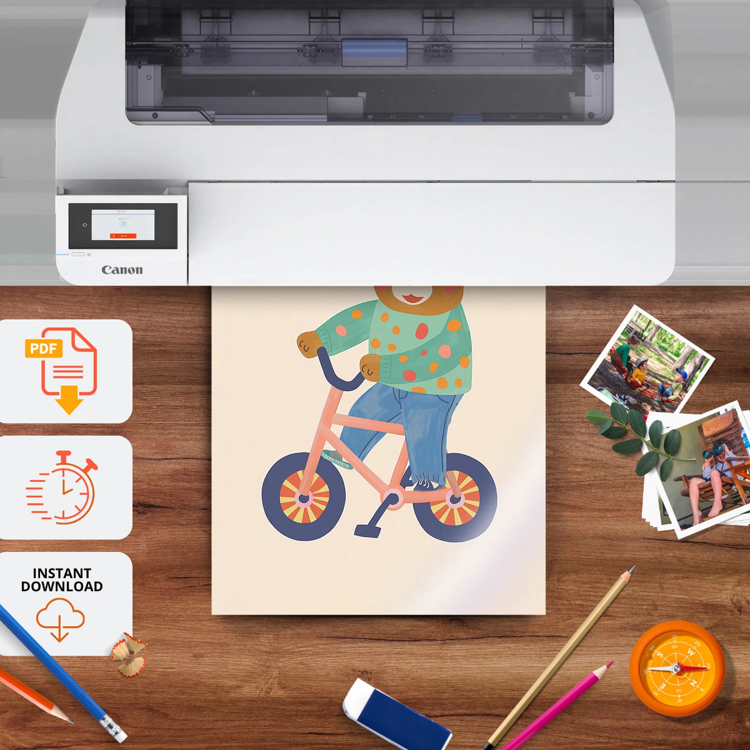 Cycling Bear Two Nursery Print - printable nursery wall art, instant download to print at home