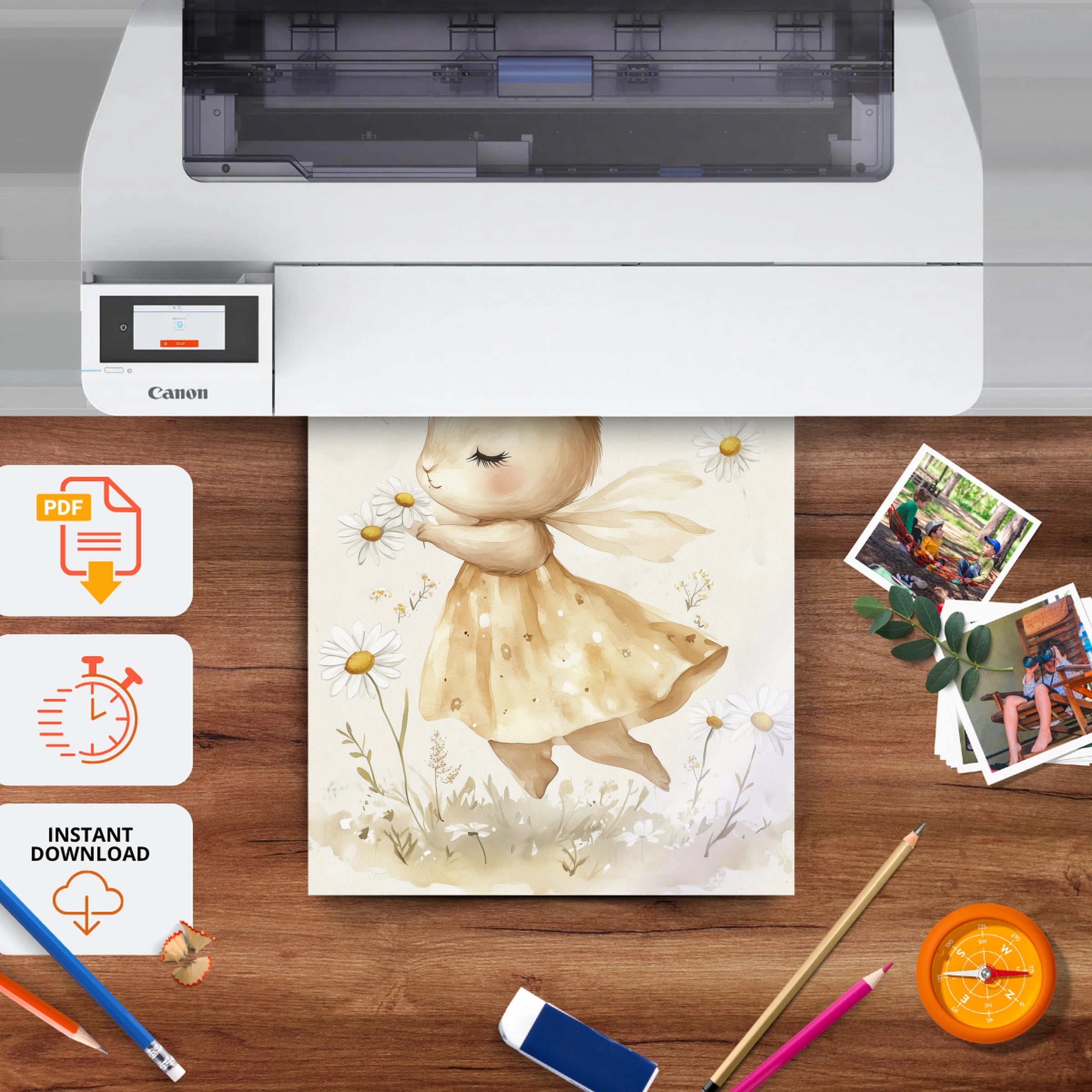 Daisy Bunny Nursery Print - printable nursery wall art, instant download to print at home
