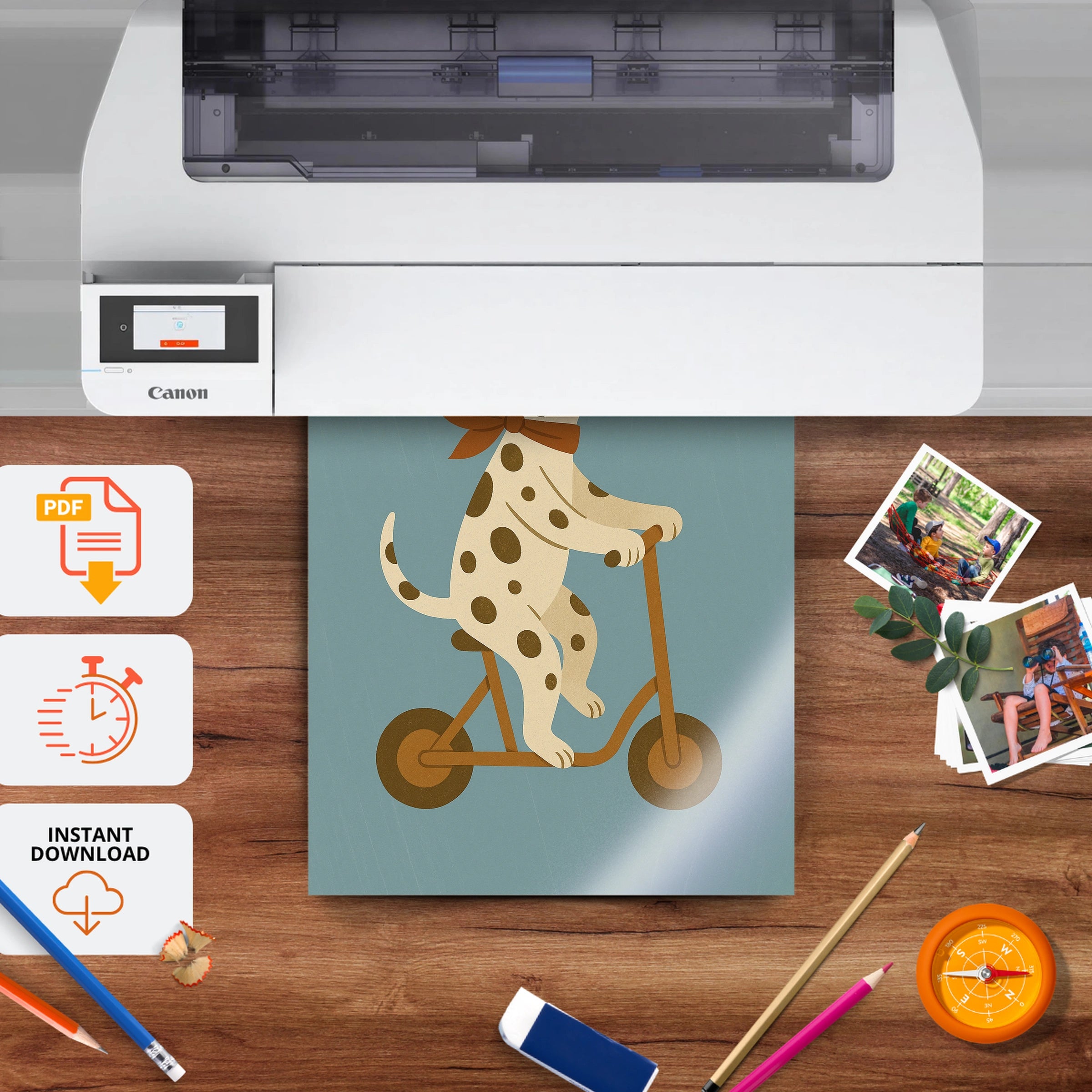 Dalmatian on a Scooter Nursery Print - printable nursery wall art, instant download to print at home