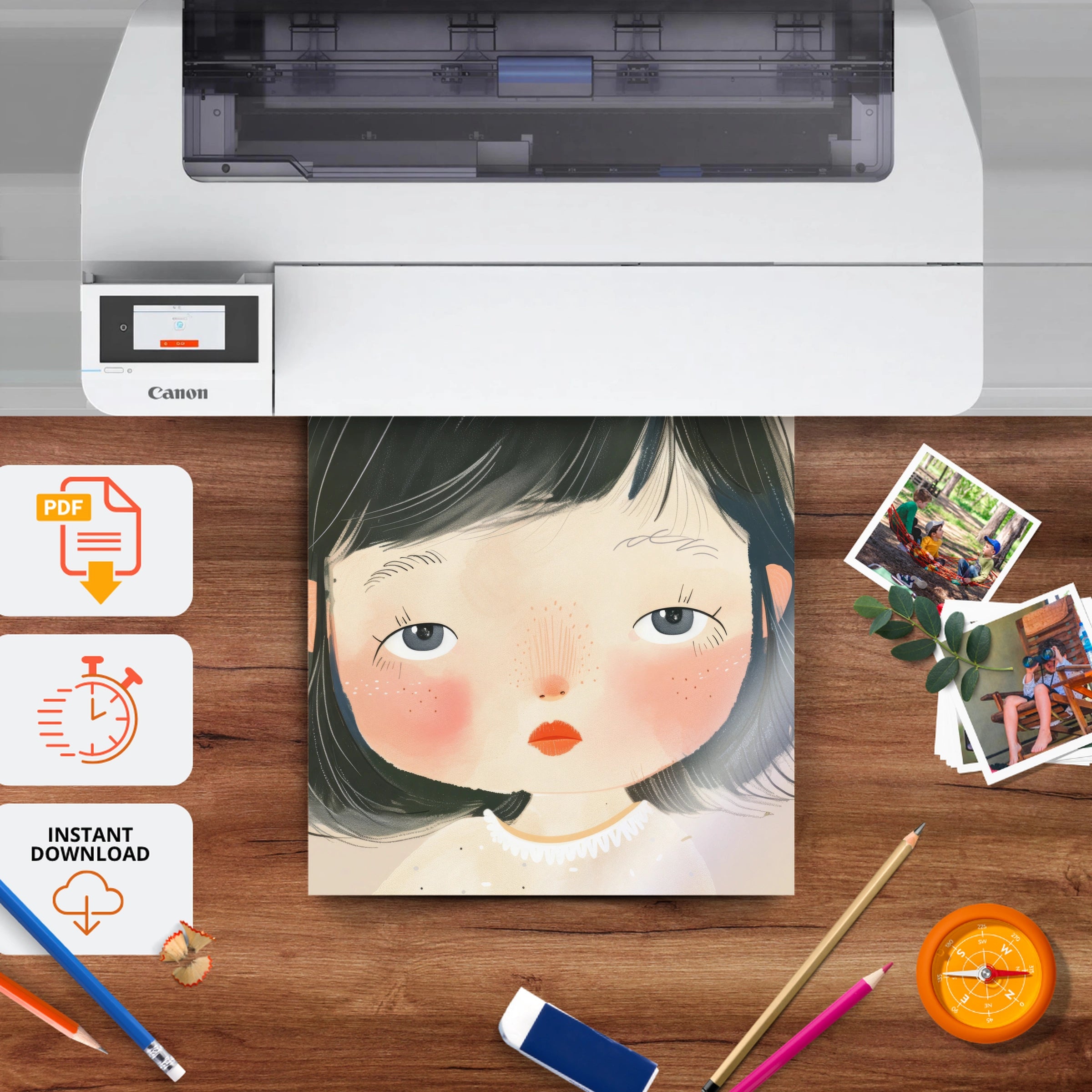 Dark Hair Girl Portrait Nursery Print - printable nursery wall art, instant download to print at home