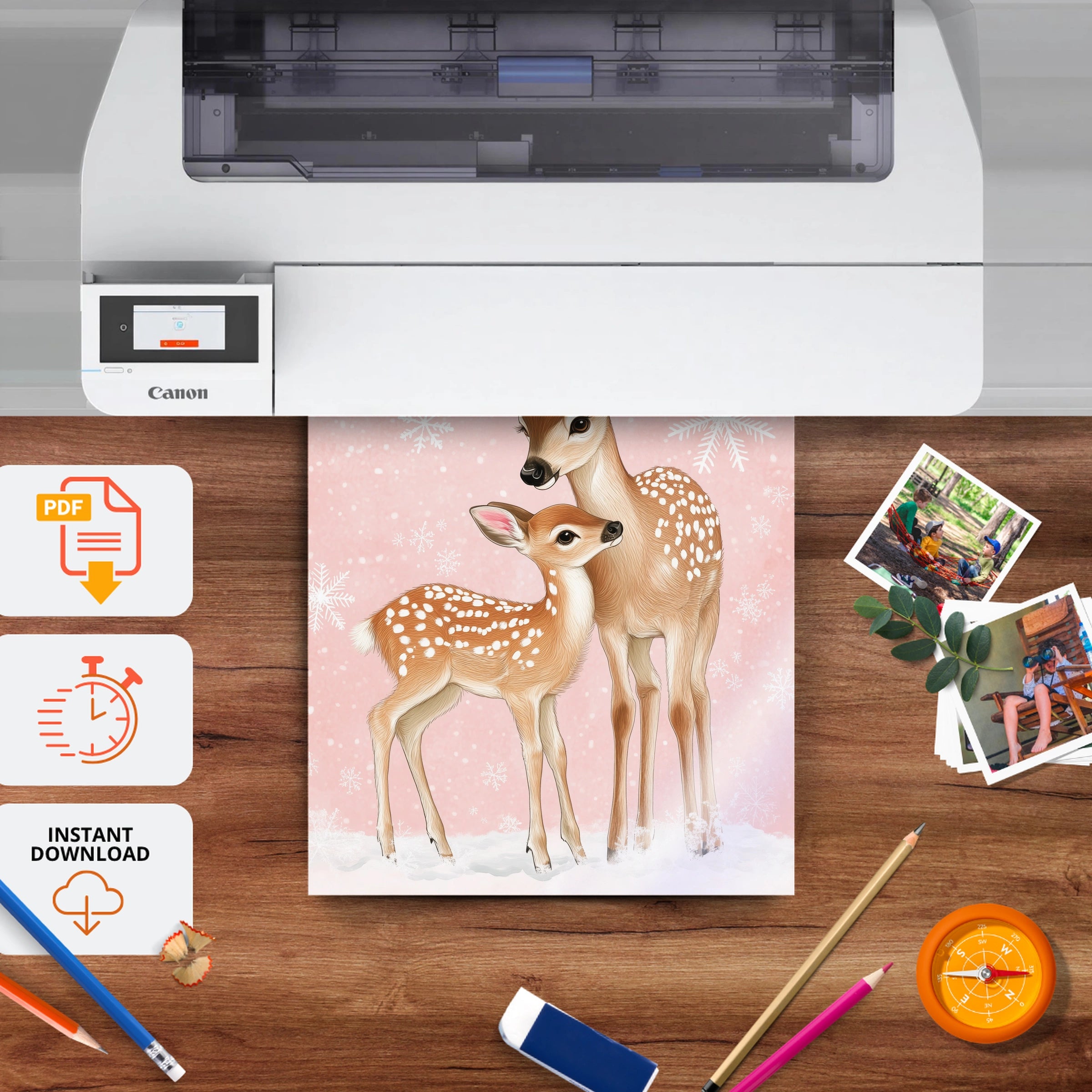 Deer and Fawn Christmas Print - printable nursery wall art, instant download to print at home