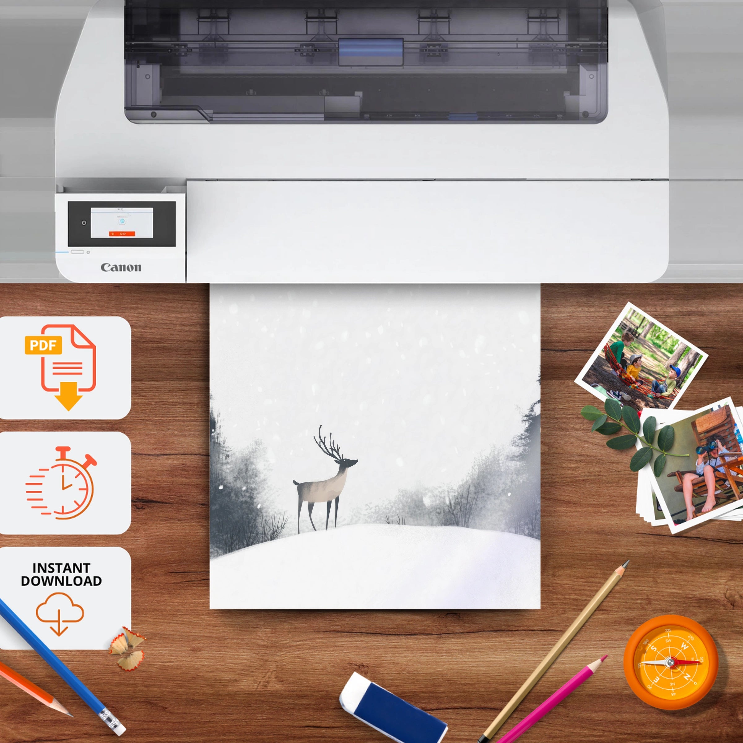 Deer in the Snow Christmas Print - printable nursery wall art, instant download to print at home