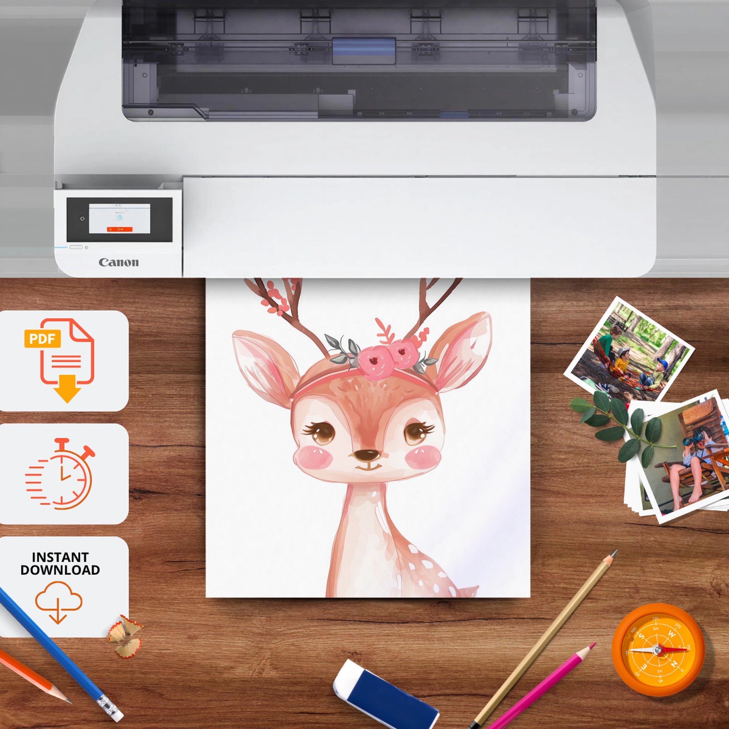 Deer with Flowers Nursery Print - printable nursery wall art, instant download to print at home