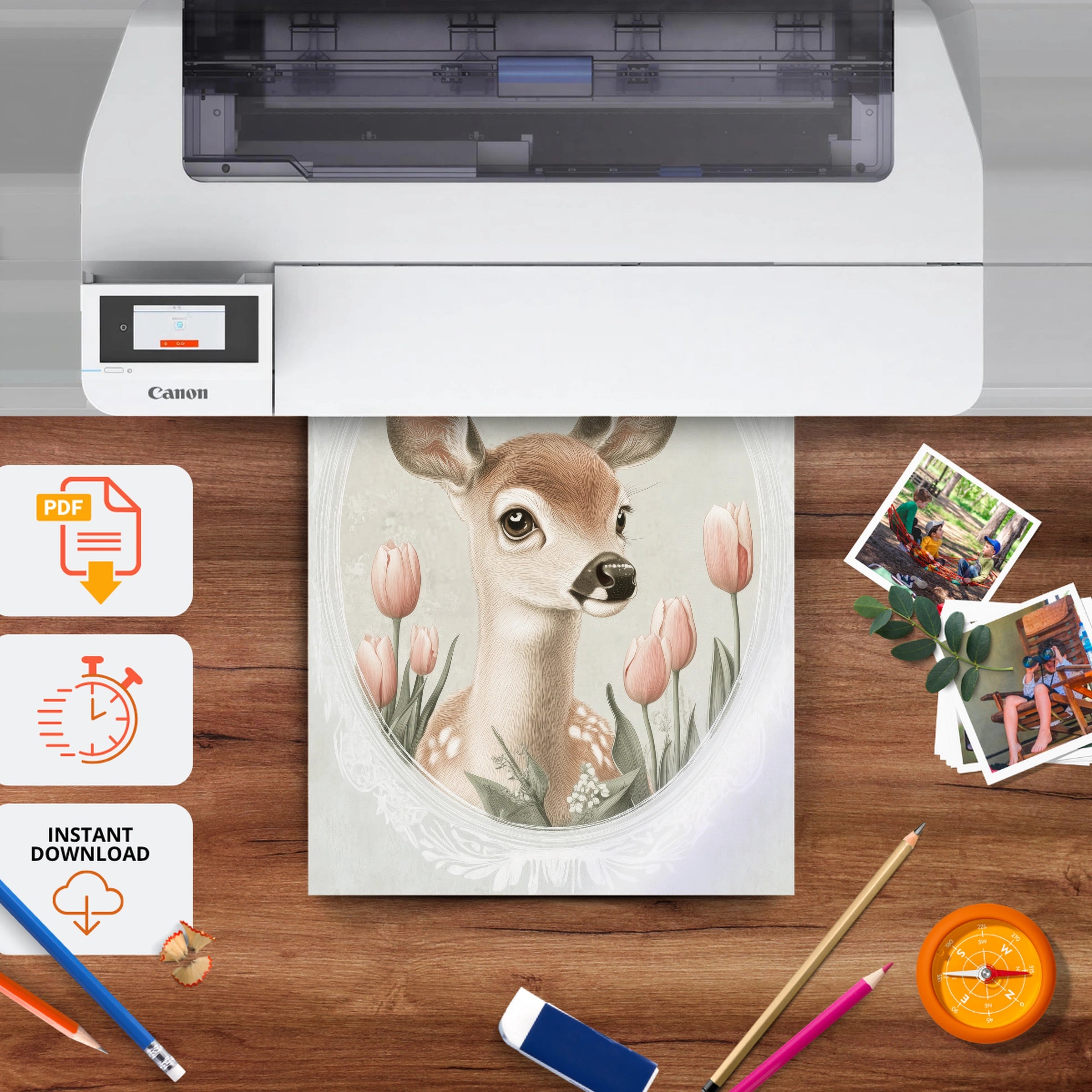 Deer with Tulips Nursery Print - printable nursery wall art, instant download to print at home