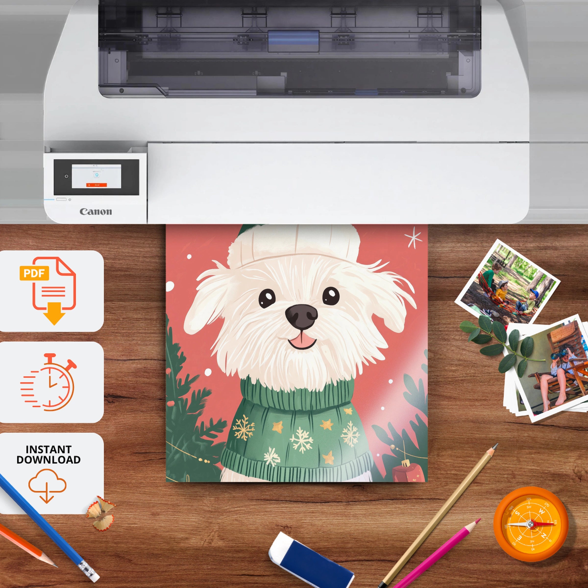 Dog in a Green Sweater Christmas Print - printable nursery wall art, instant download to print at home