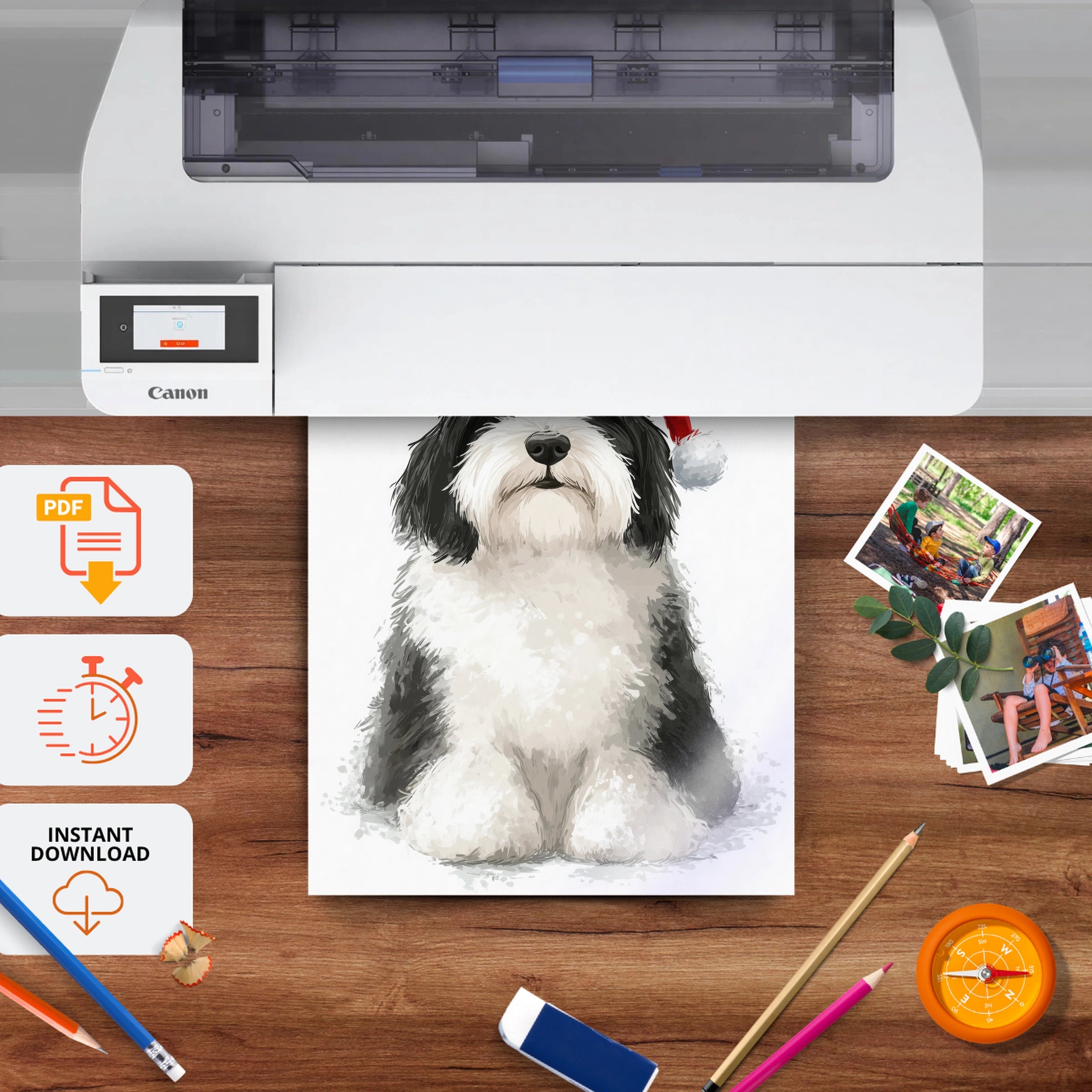 Dog in a Santa Hat Christmas Print - printable nursery wall art, instant download to print at home