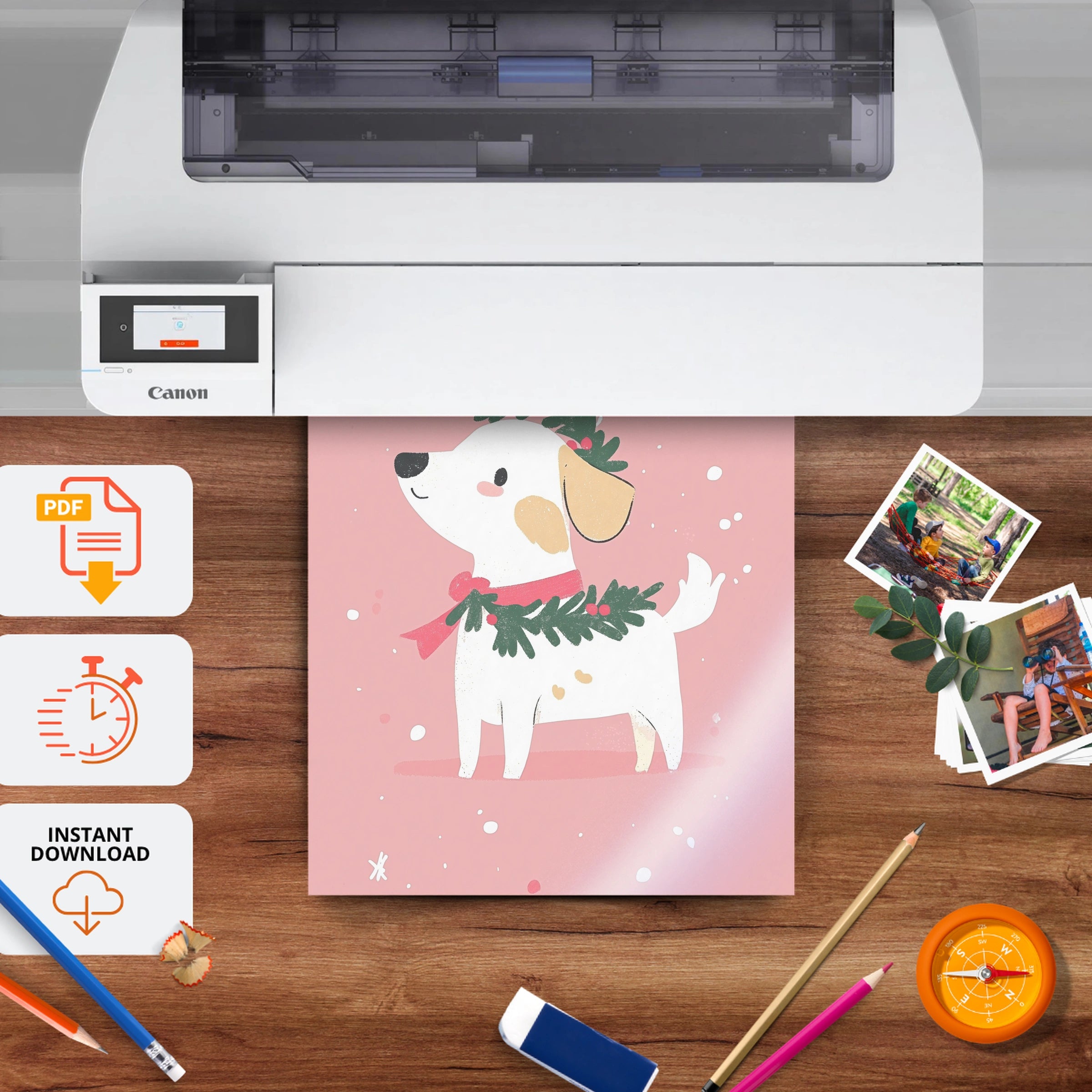 Dog with a Wreath Christmas Print - printable nursery wall art, instant download to print at home