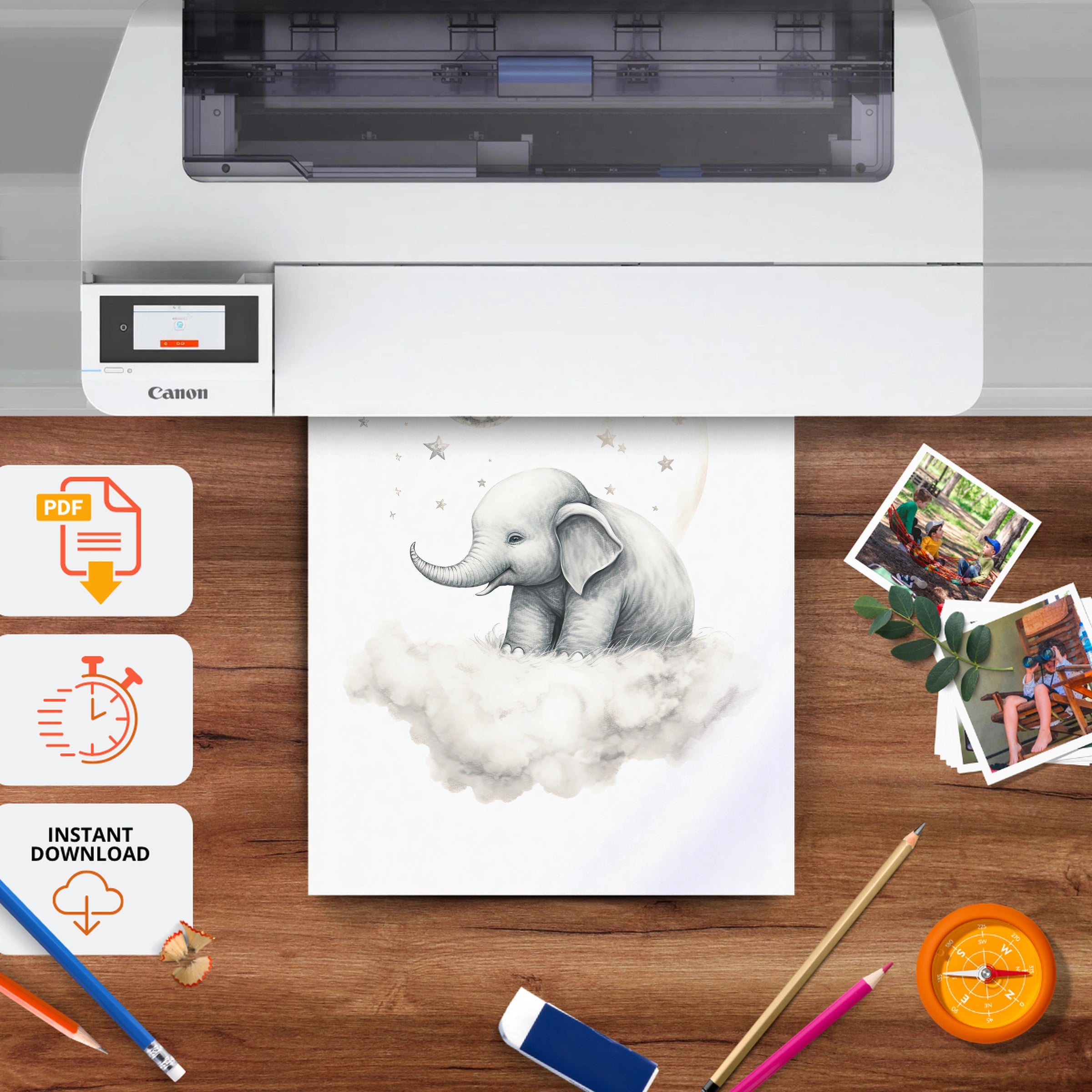 Elephant on a Cloud Nursery Print - printable nursery wall art, instant download to print at home
