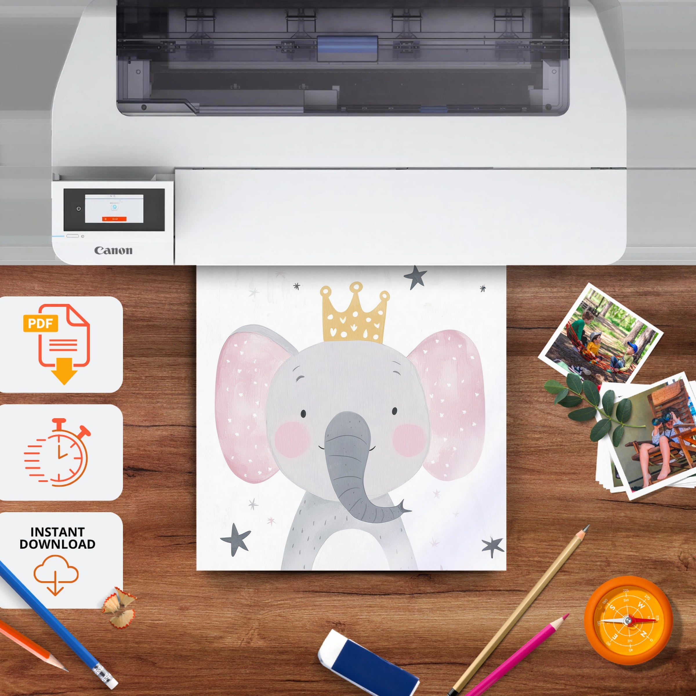 Elephant Princess Nursery Print - printable nursery wall art, instant download to print at home