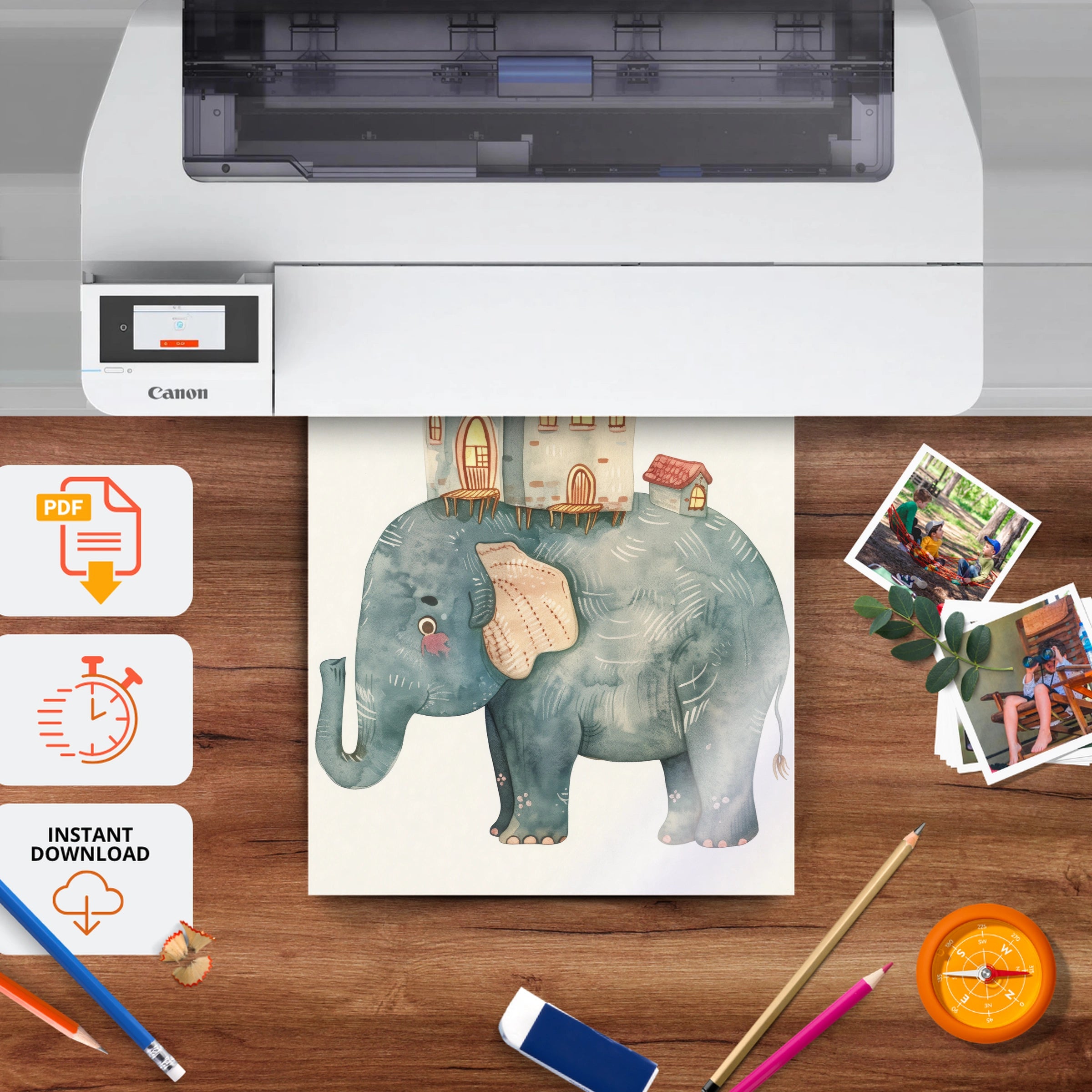 Elephant with a House Nursery Print - printable nursery wall art, instant download to print at home