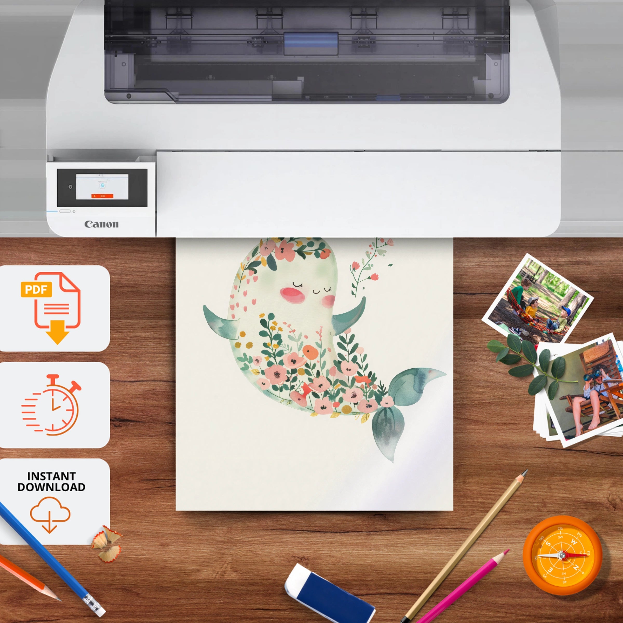 Floral Narwhal Nursery Print - printable nursery wall art, instant download to print at home