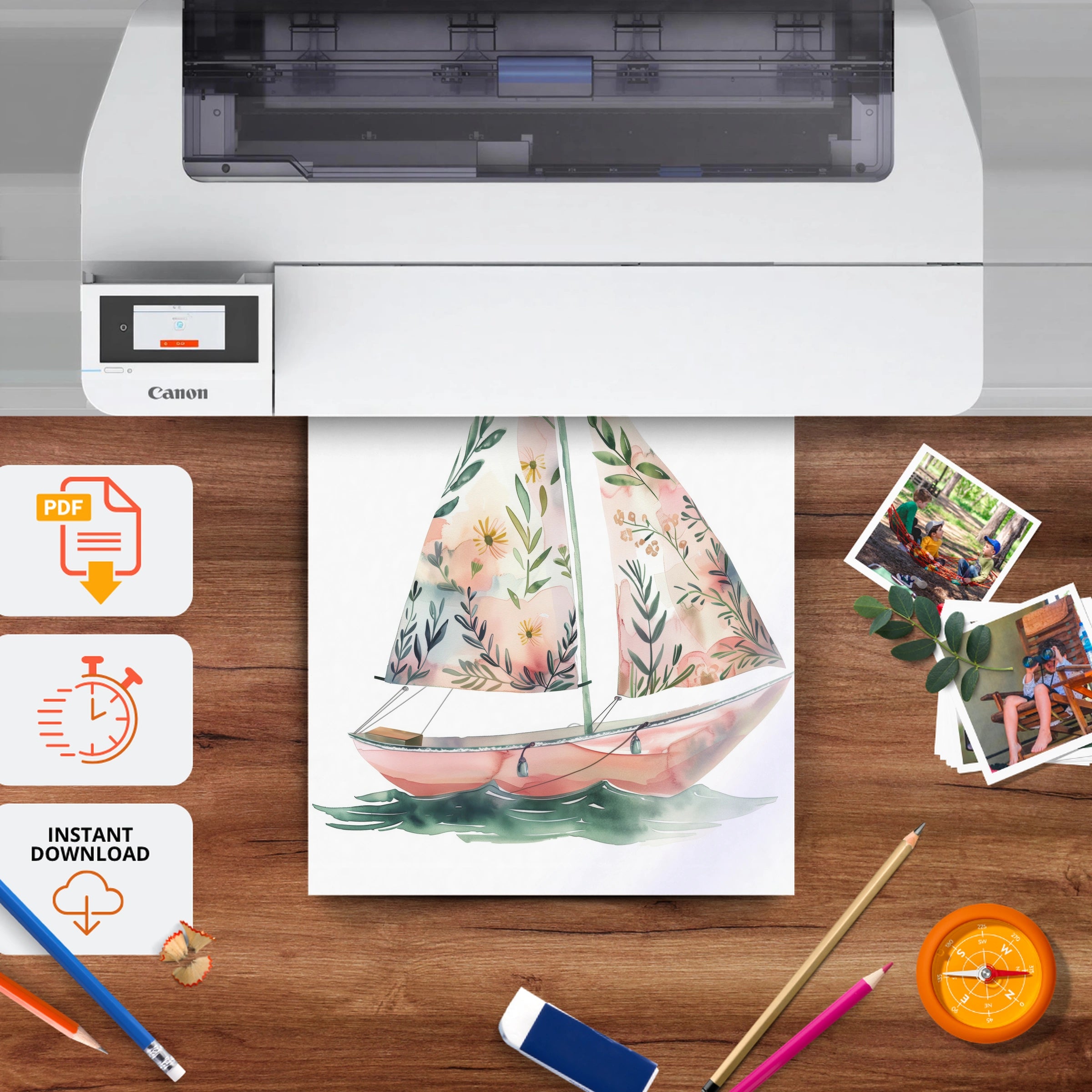 Floral Sailboat Nursery Print - printable nursery wall art, instant download to print at home