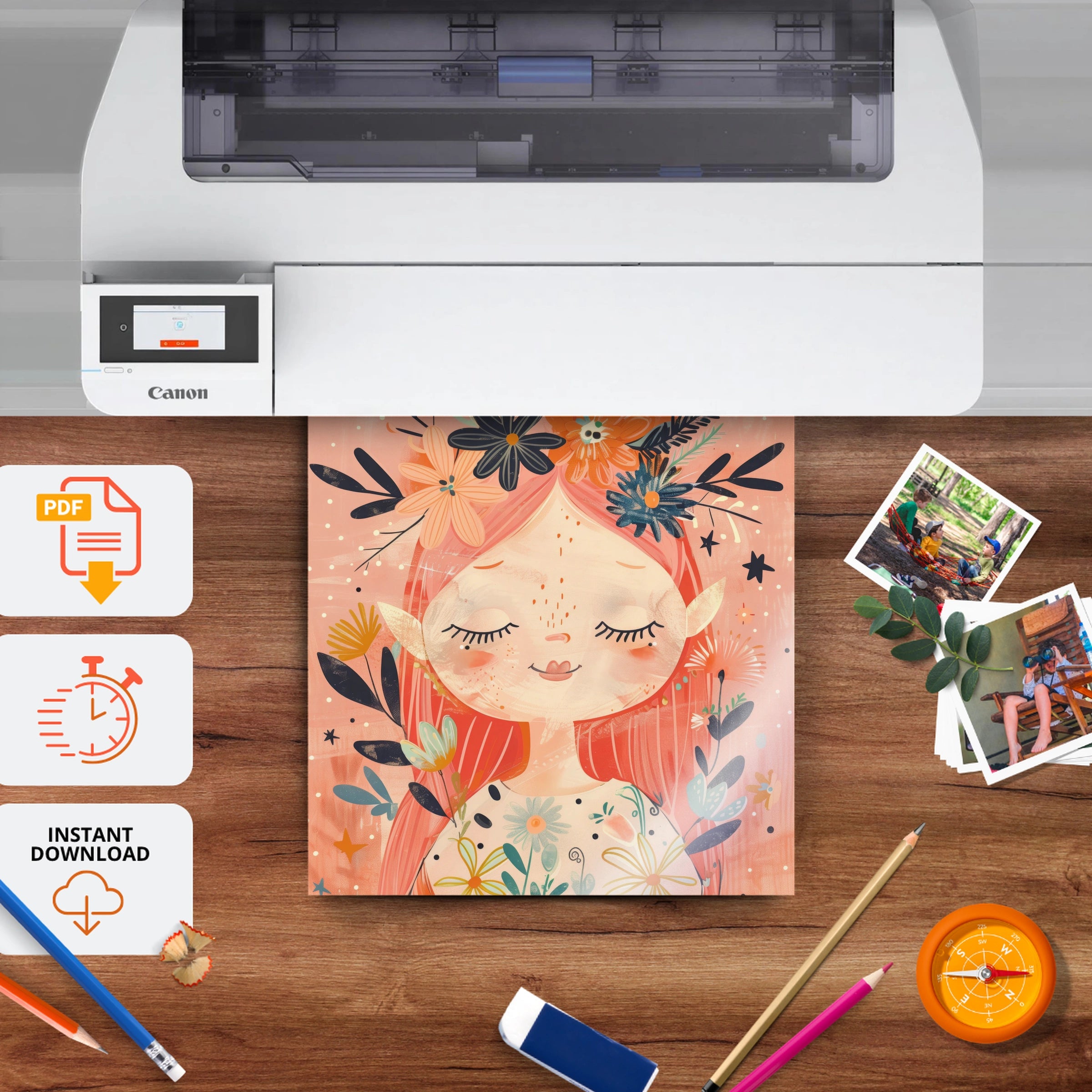 Flower Crown Girl Nursery Print - printable nursery wall art, instant download to print at home
