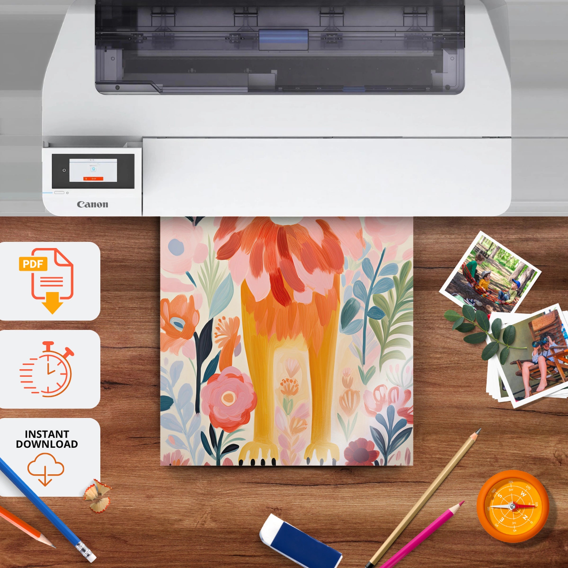 Flower Lion Nursery Print - printable nursery wall art, instant download to print at home