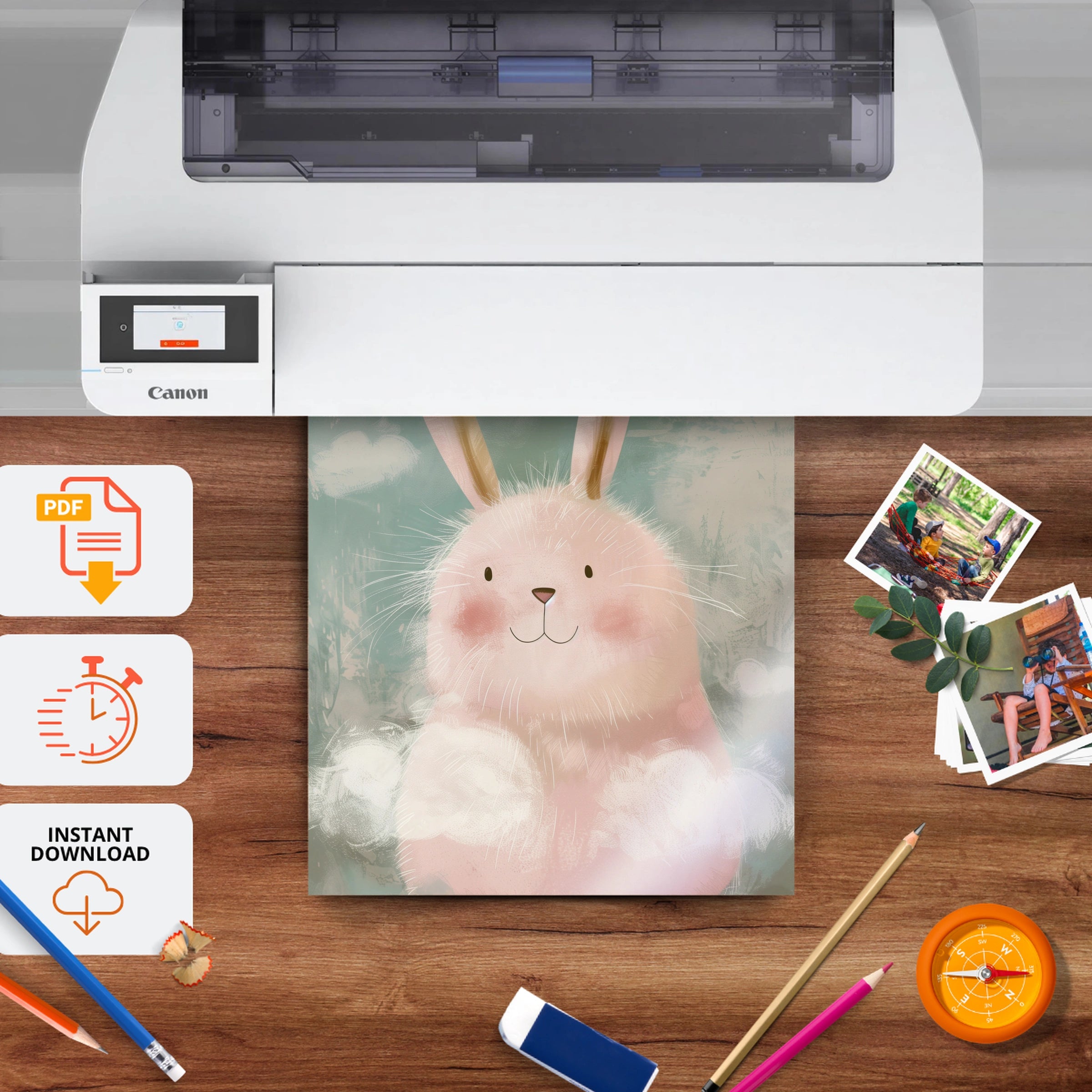 Fluffy Bunny in Clouds Nursery Print - printable nursery wall art, instant download to print at home