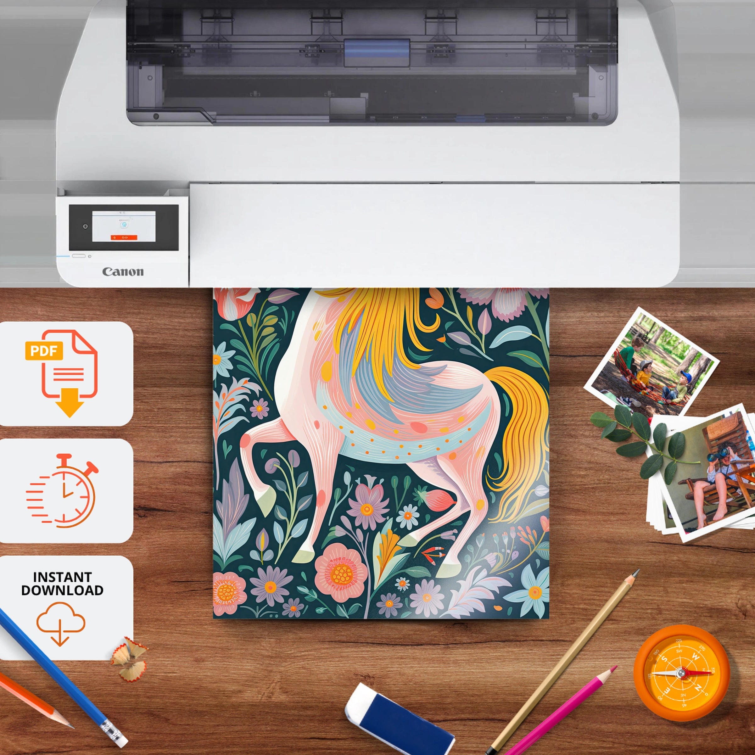 Folk Flower Horse Nursery Print - printable nursery wall art, instant download to print at home