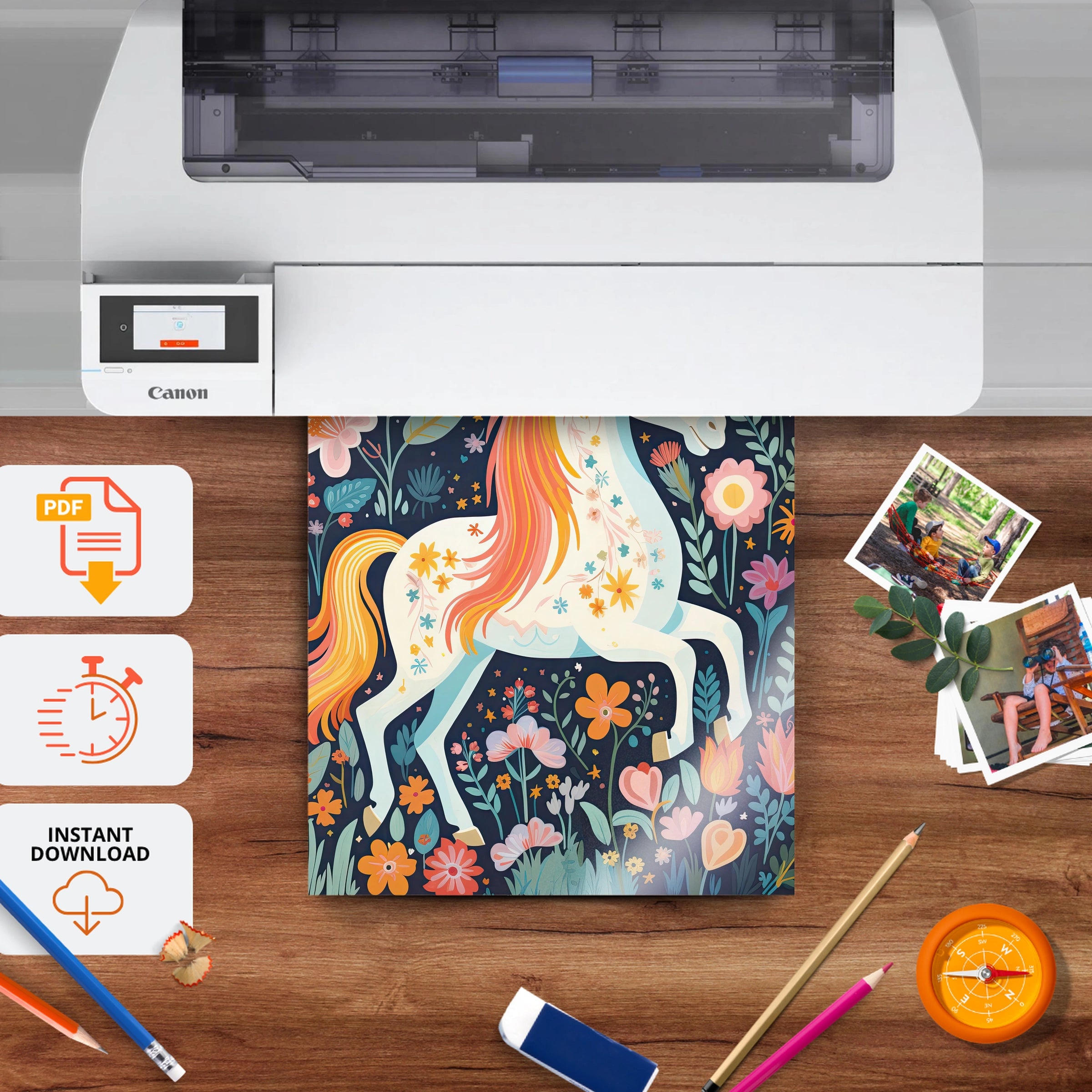Folk Flower Unicorn Nursery Print - printable nursery wall art, instant download to print at home