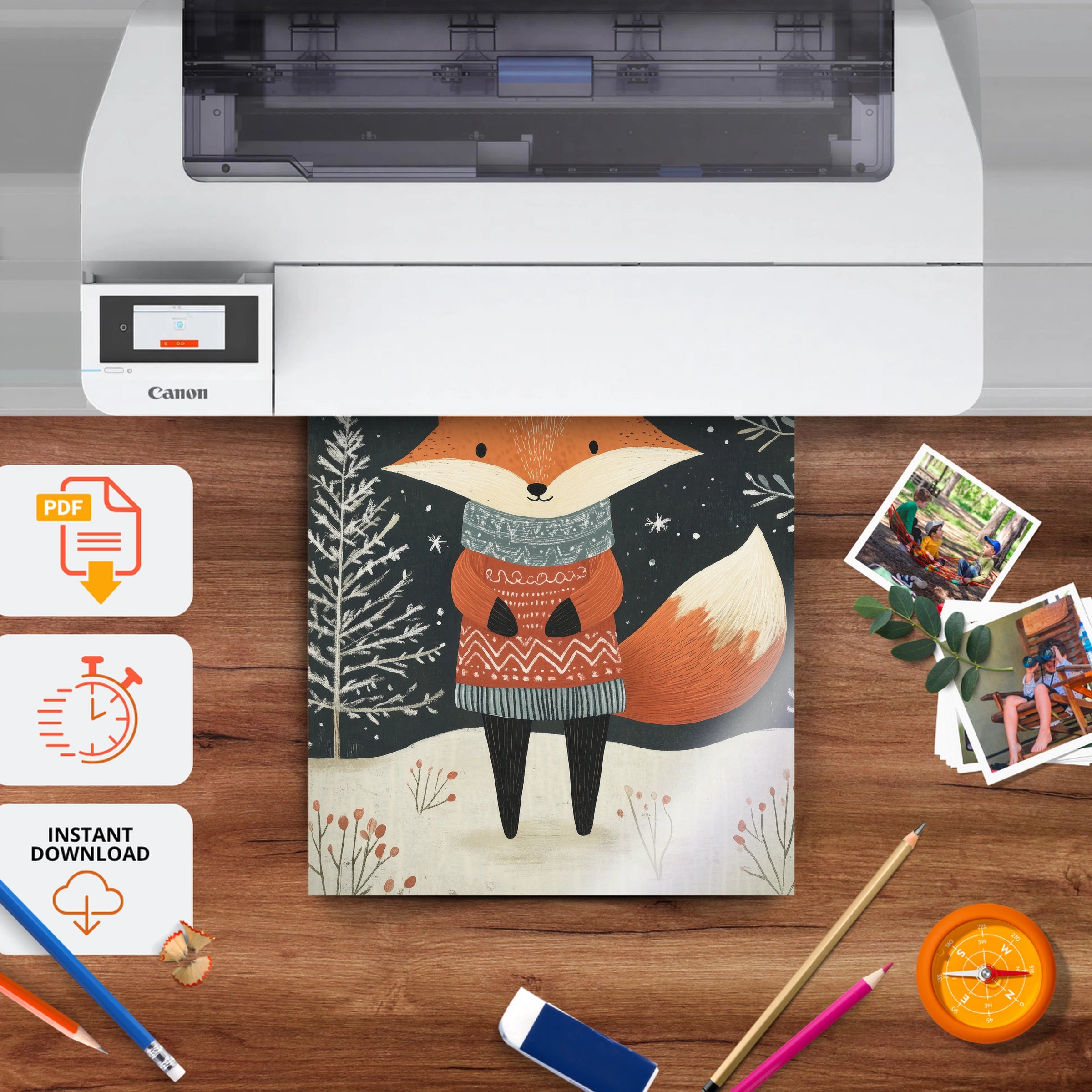 Fox in a Sweater Christmas Print - printable nursery wall art, instant download to print at home