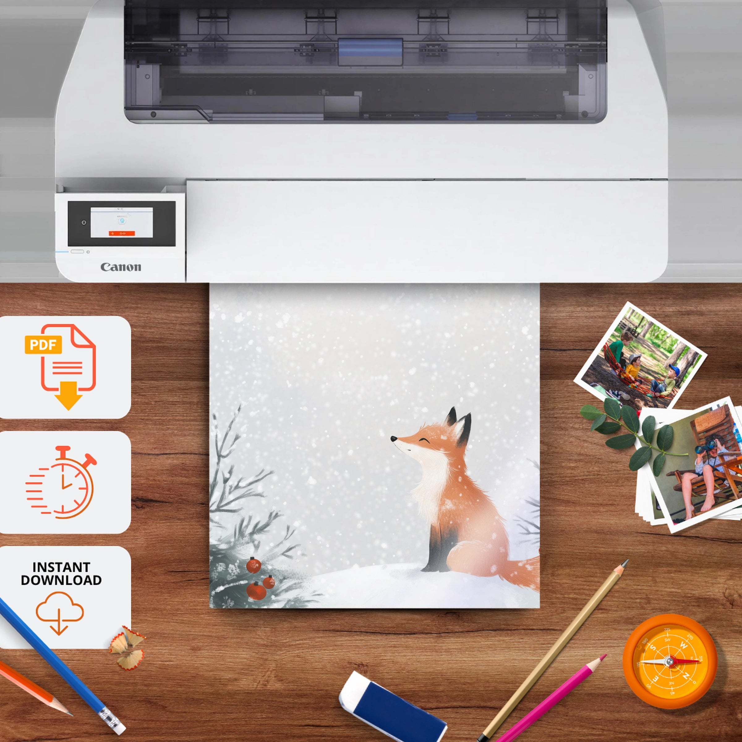 Fox in the Snow Christmas Print - printable nursery wall art, instant download to print at home