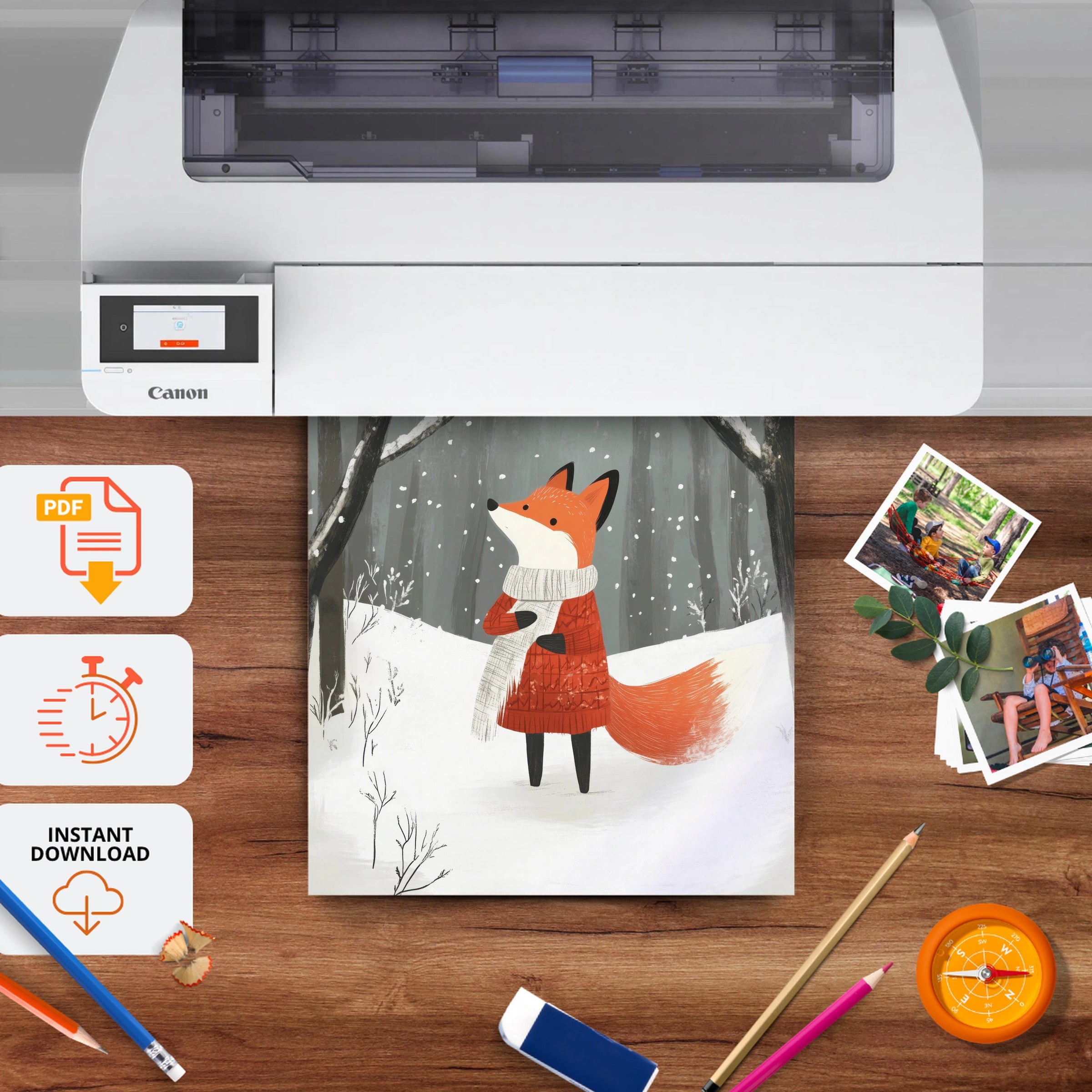 Fox in the Winter Forest Christmas Print - printable nursery wall art, instant download to print at home