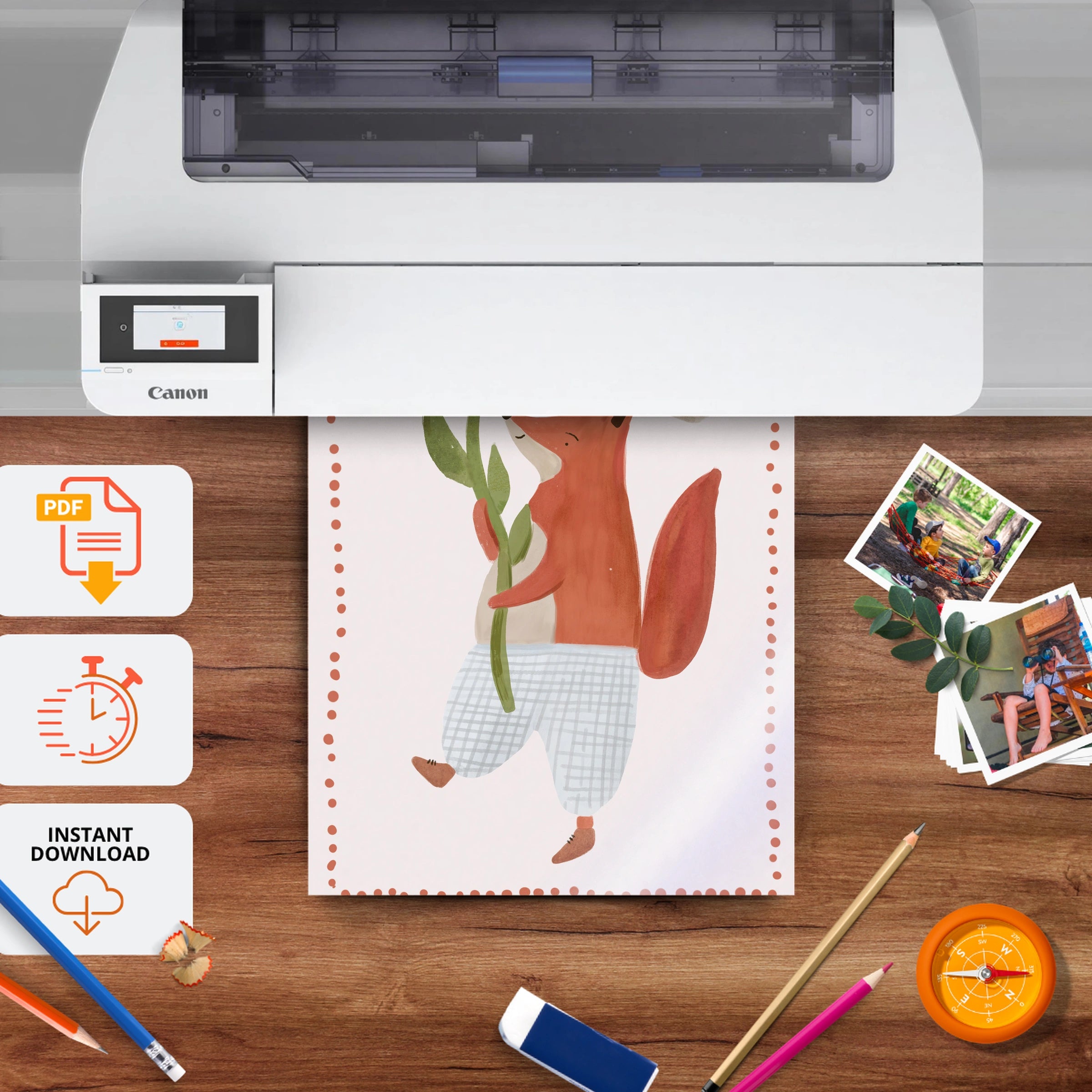 Fox with Flowers Nursery Print - printable nursery wall art, instant download to print at home