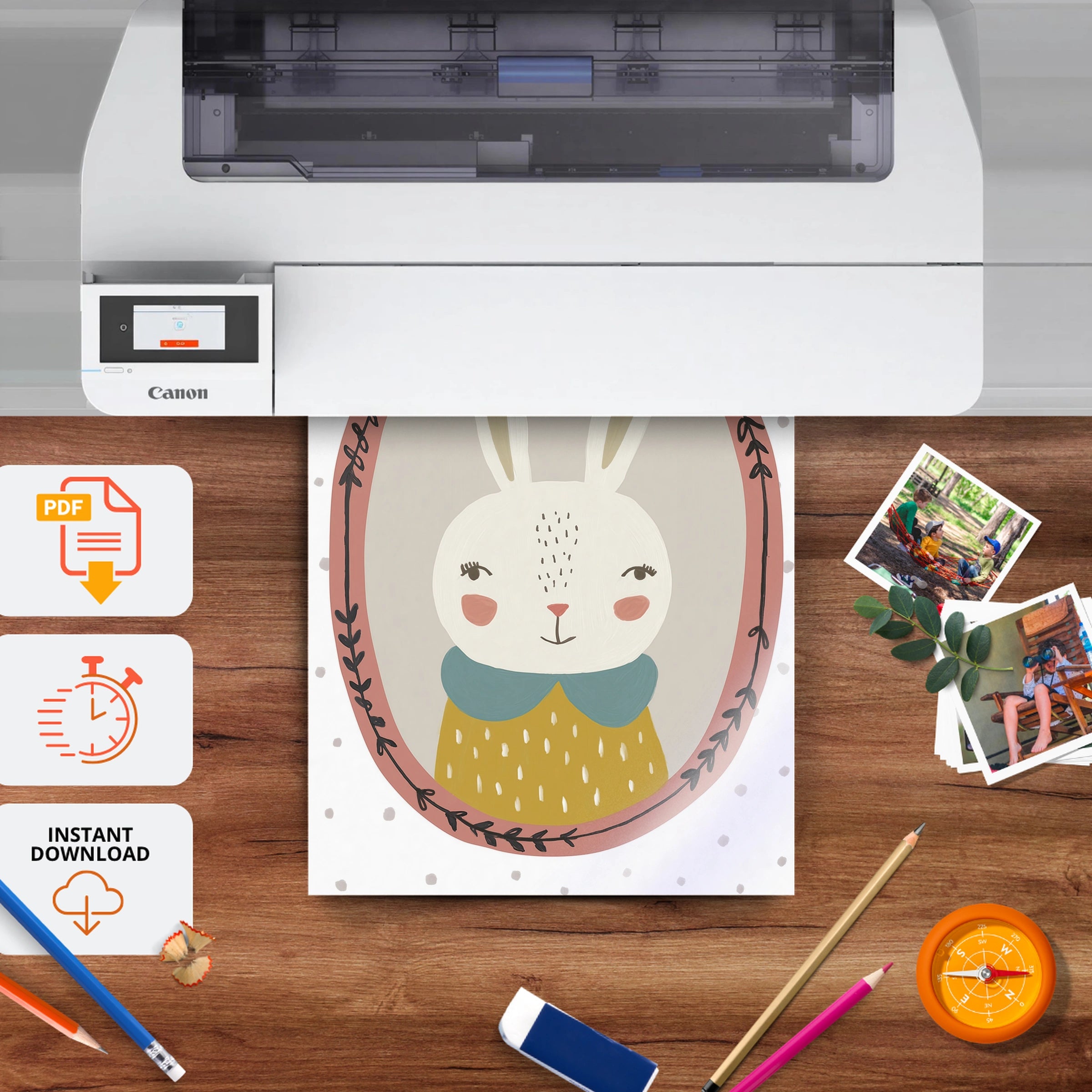 Framed Bunny Yellow Nursery Print - printable nursery wall art, instant download to print at home