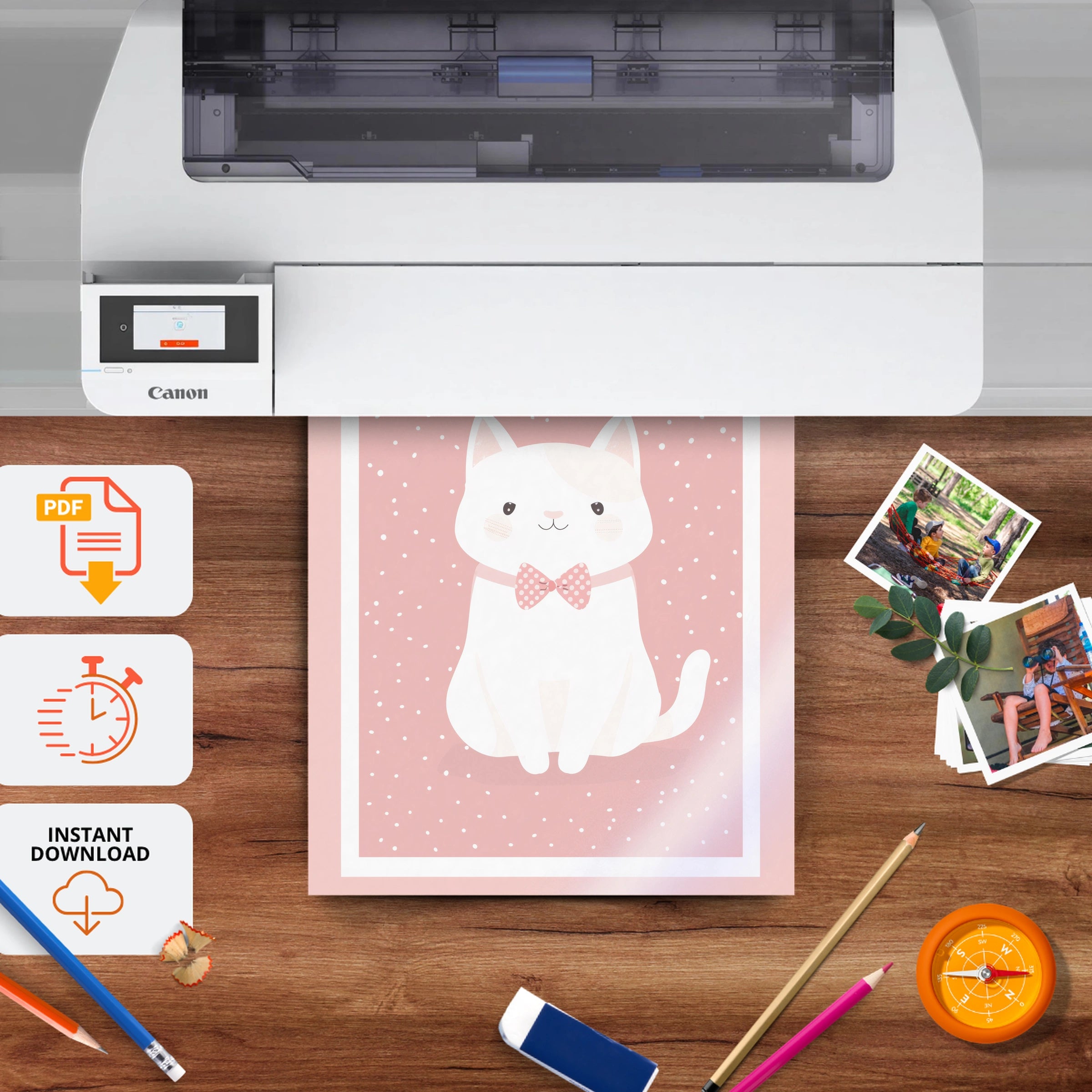 Framed White Cat Nursery Print - printable nursery wall art, instant download to print at home