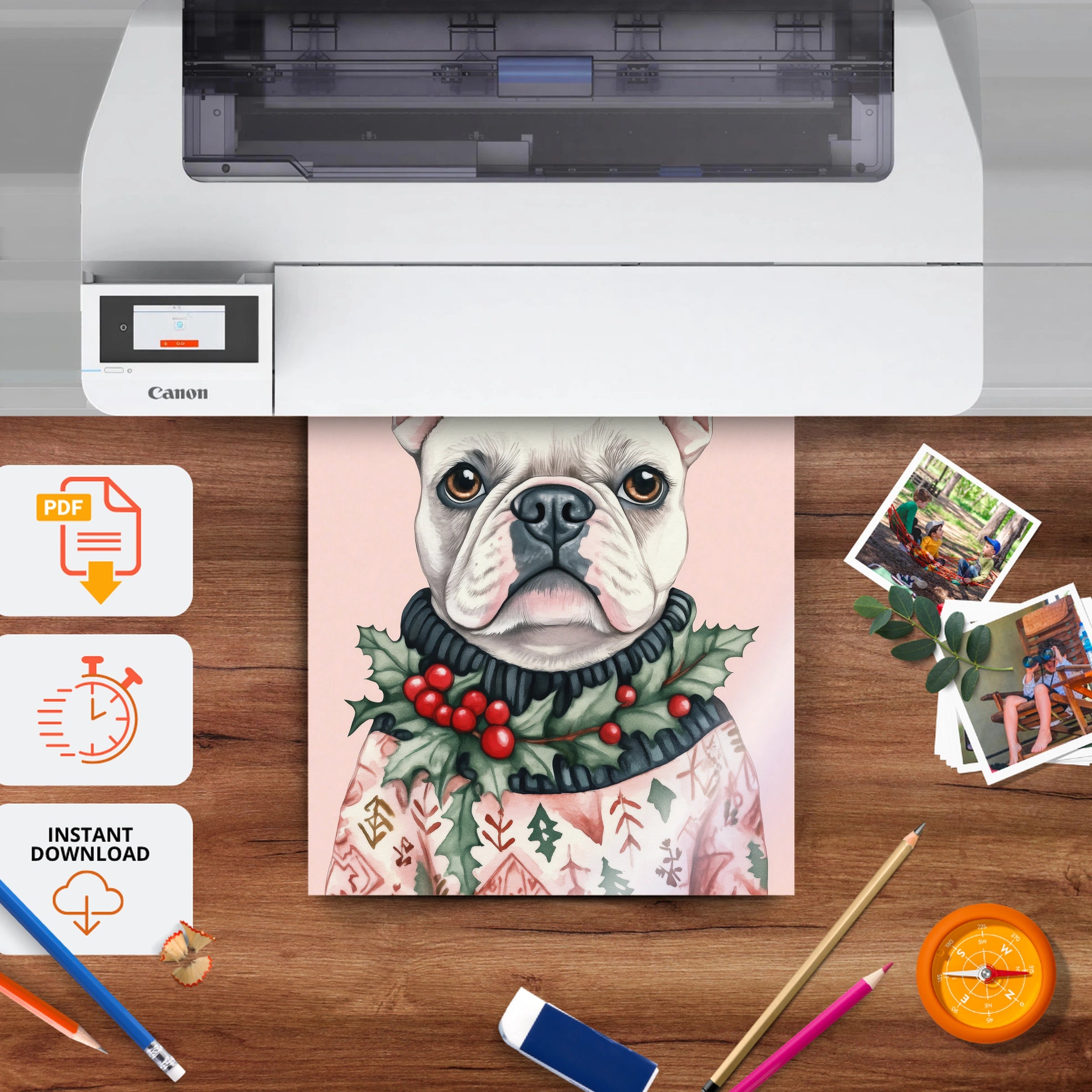 French Bulldog with a Wreath Christmas Print - printable nursery wall art, instant download to print at home