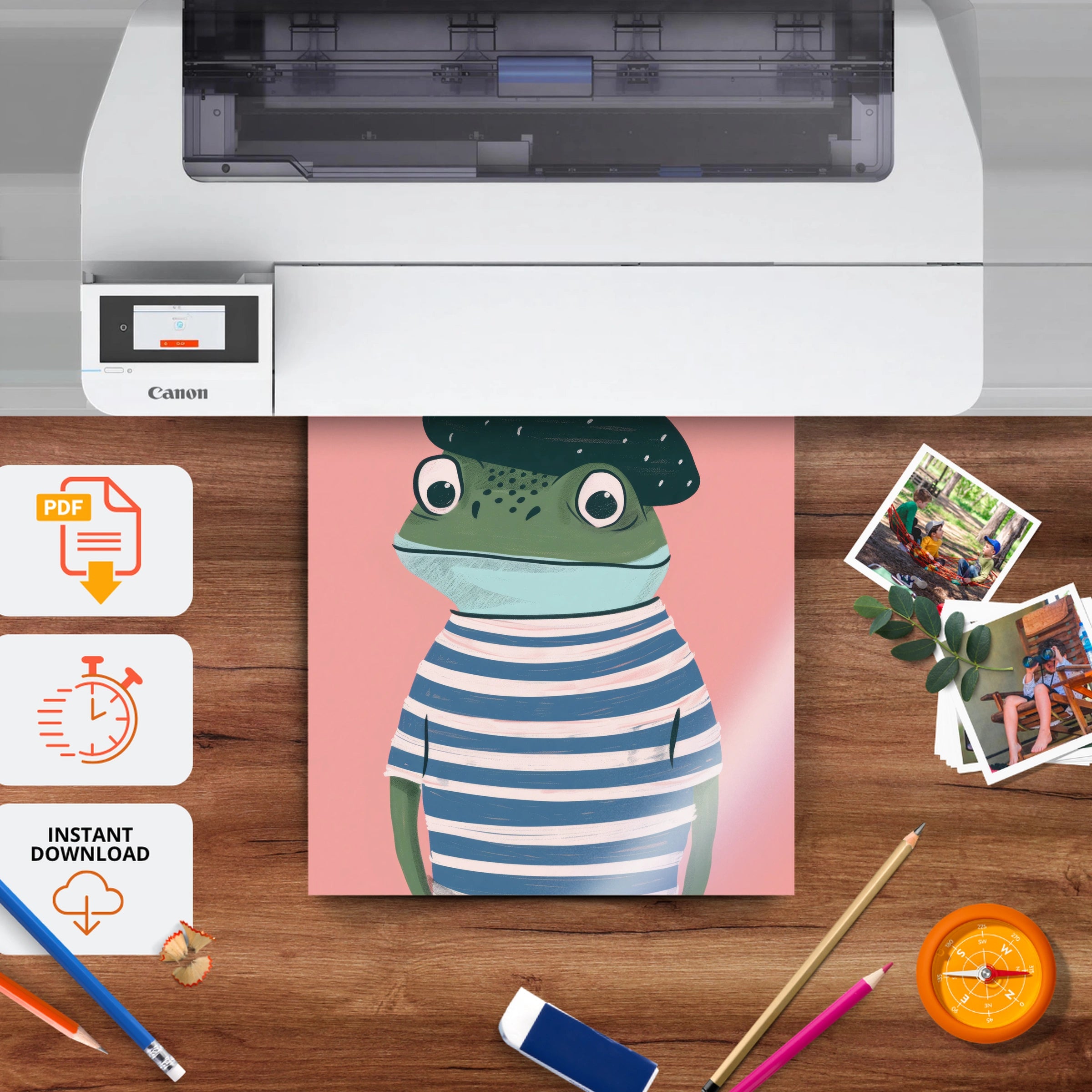 Frog in a Striped Top Nursery Print - printable nursery wall art, instant download to print at home