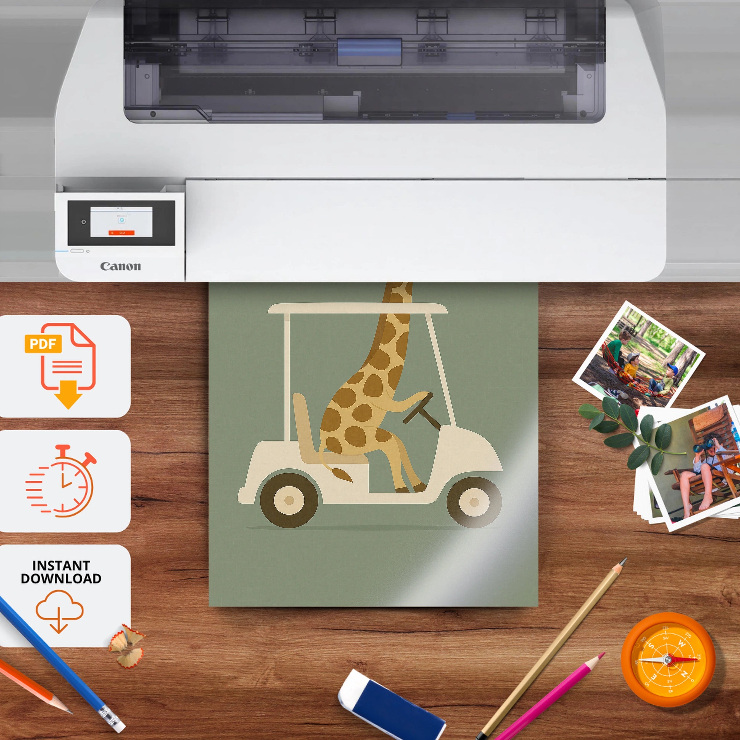 Giraffe Golf Cart Nursery Print - printable nursery wall art, instant download to print at home