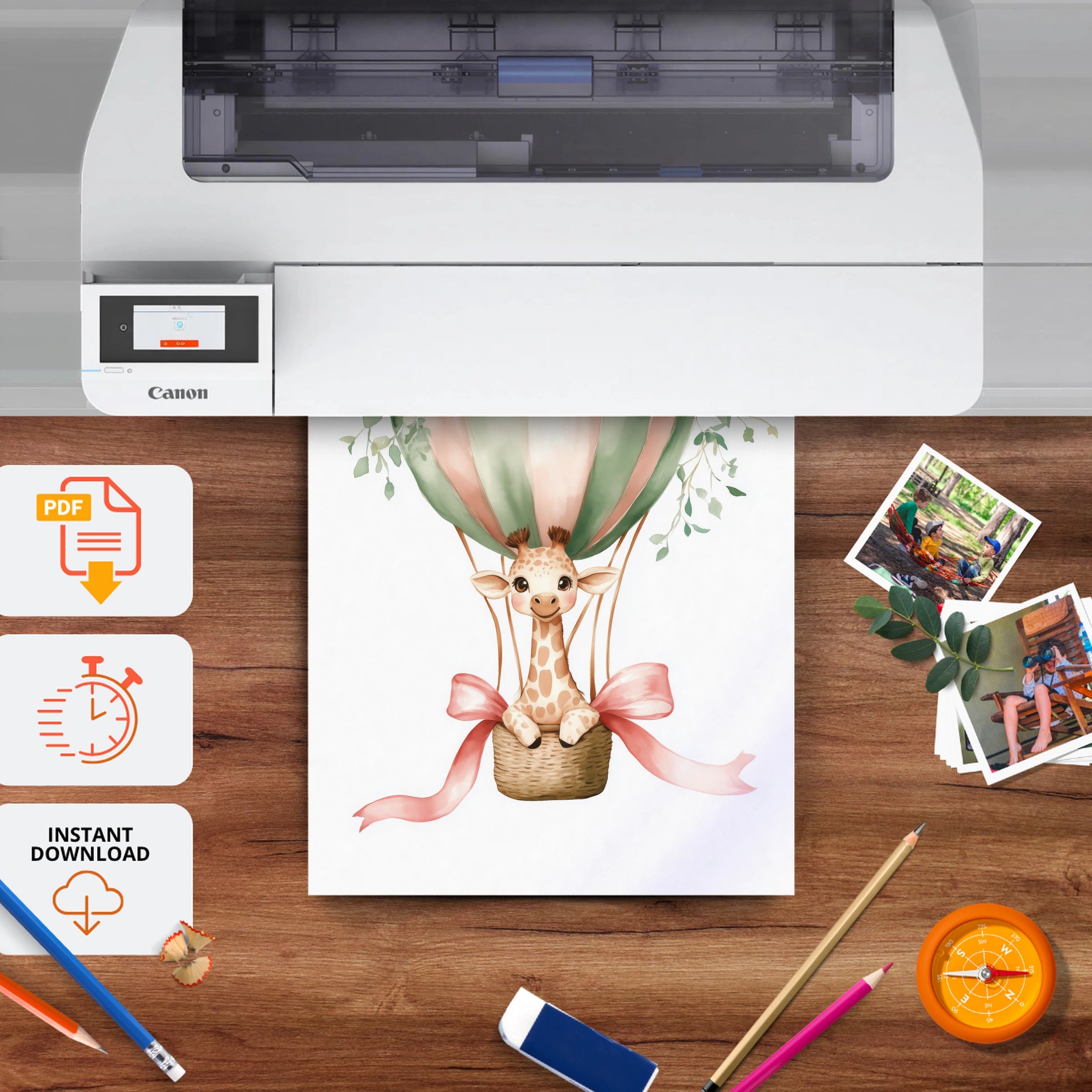 Giraffe Hot Air Balloon Nursery Print - printable nursery wall art, instant download to print at home