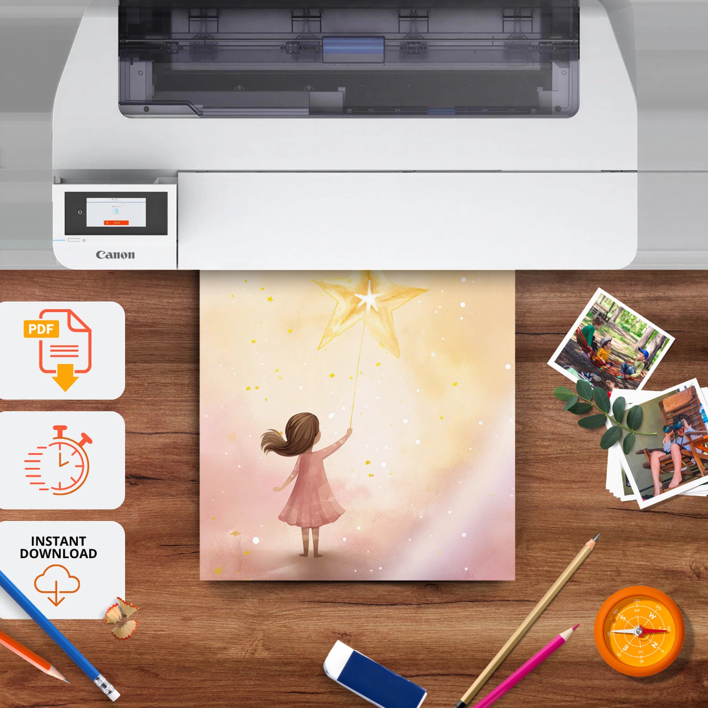 Girl and a Star Nursery Print - printable nursery wall art, instant download to print at home