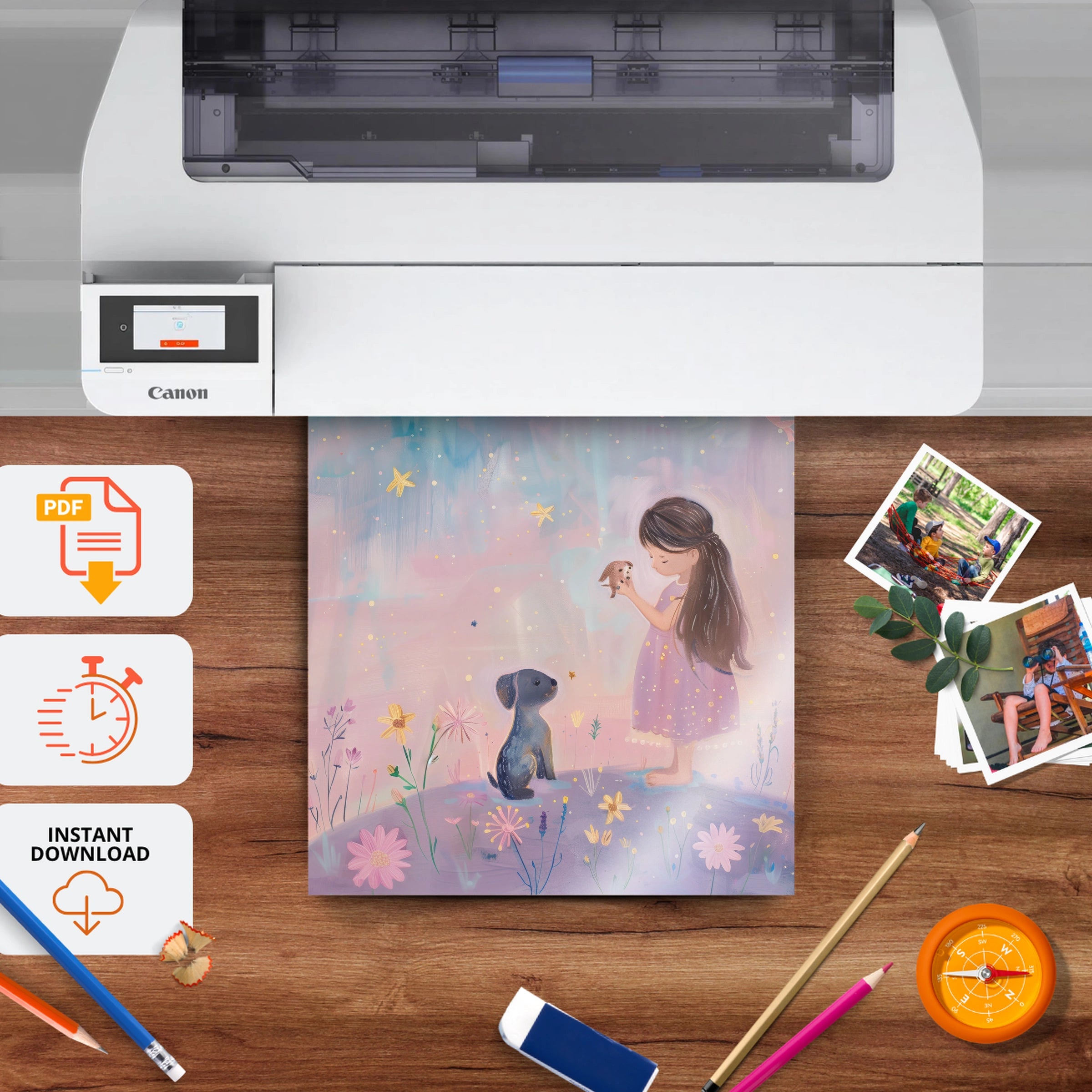 Girl and Puppy in a Meadow Nursery Print - printable nursery wall art, instant download to print at home