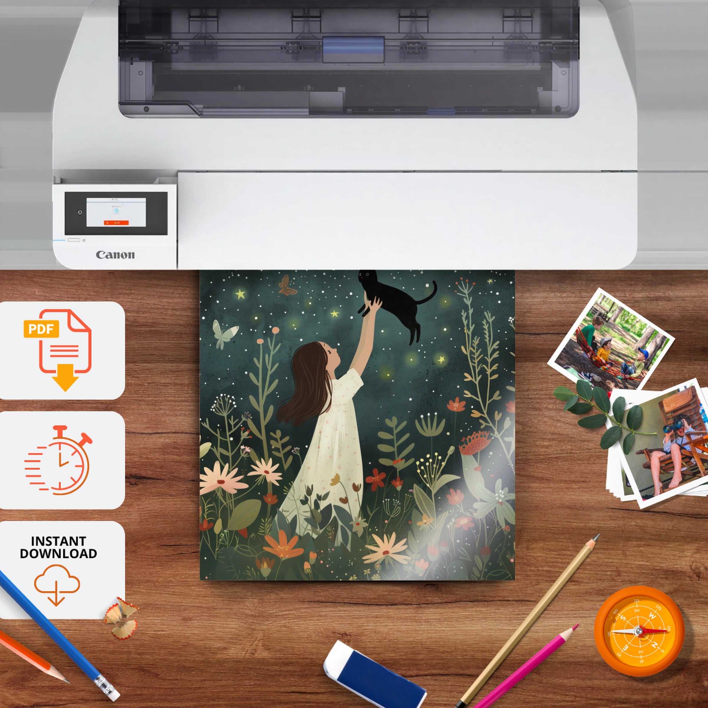 Girl and the Cat at Night Nursery Print - printable nursery wall art, instant download to print at home