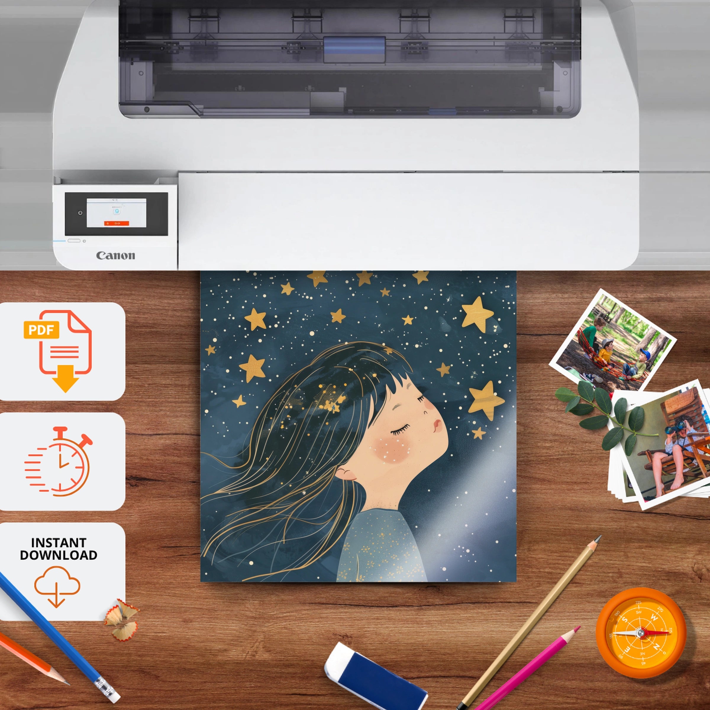 Girl and the Stars Nursery Print - printable nursery wall art, instant download to print at home